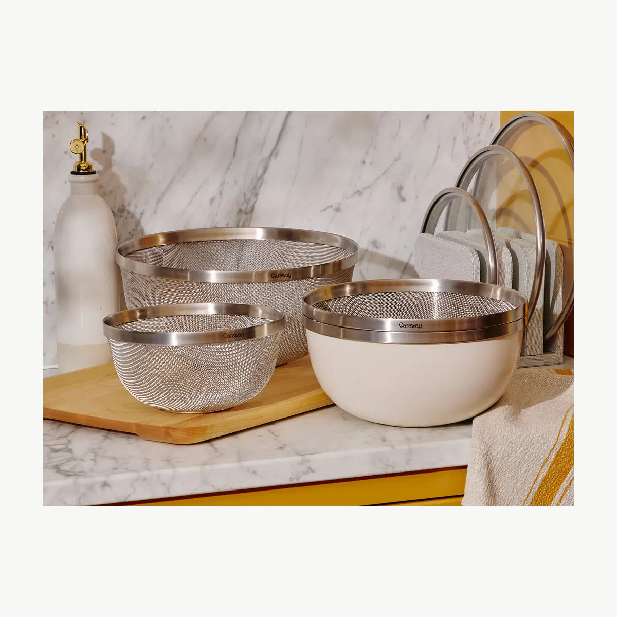 caraway-9-piece-mixing-bowl-strainer-set-non-toxic-stainless-steel-with-glass-li image 1