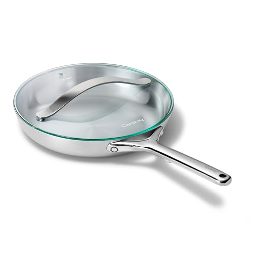 Caraway 10.5 Inch Stainless Steel Fry Pan with Glass Lid — 5-Ply Non-Toxic