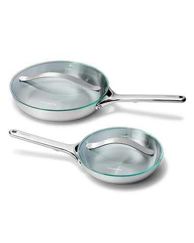 Caraway Stainless Steel Fry Pan Duo with Glass Lids – 8" & 10.5" Frying Pans (5-Ply)