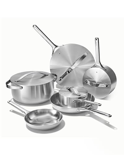 Caraway Stainless Steel Deluxe Cookware Set (16 Piece) — 5-Ply Stainless Steel Pots, Pans, Lids, and Kitchen Storage