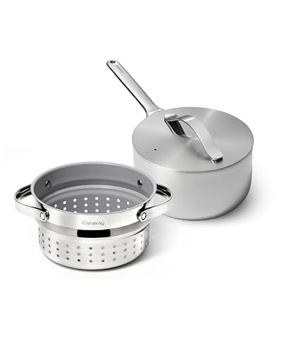 Caraway Stainless Steel Sauce Pan (3 Qt) with Steamer – 5-Ply