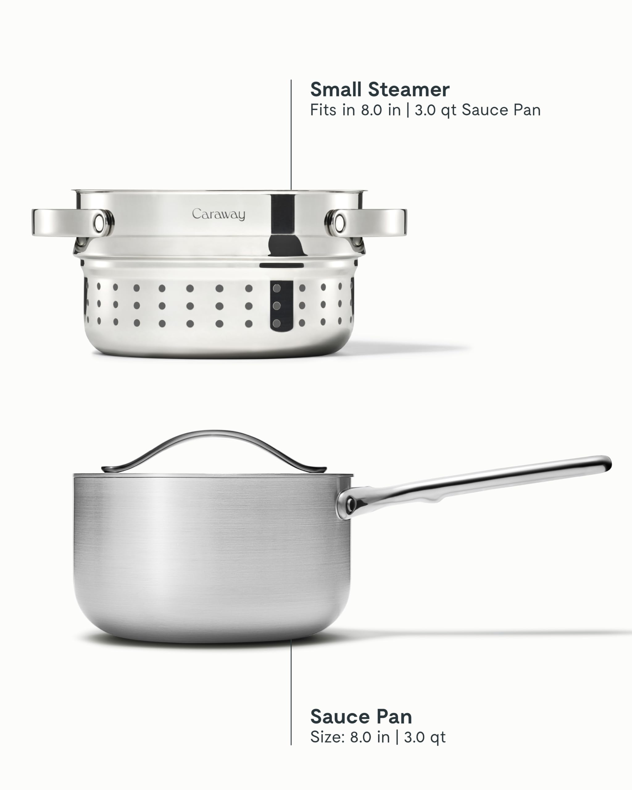 Caraway Stainless Steel Sauce Pan (3 Qt) with Steamer – 5-Ply