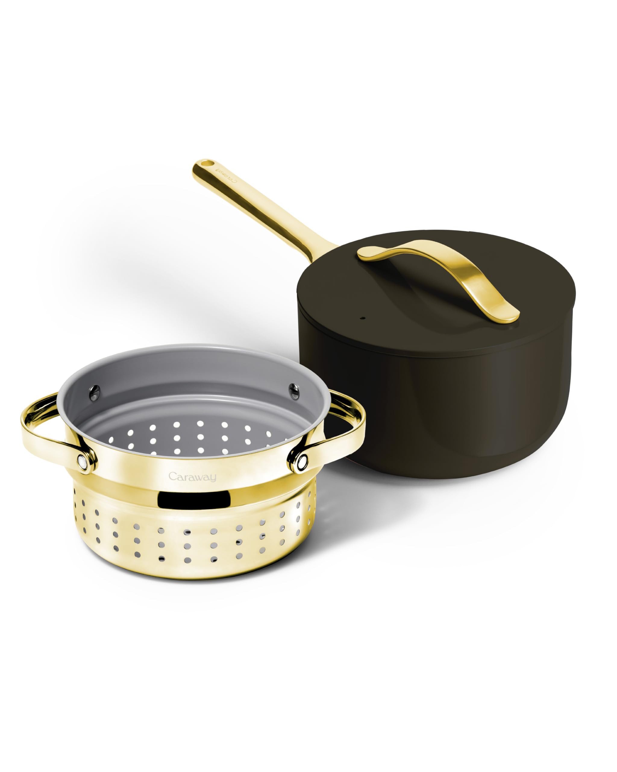 Caraway 3 Qt Ceramic Sauce Pan with Lid & Steamer — Non-Toxic, PTFE & PFOA Free, Oven Safe, Induction Compatible (Black)