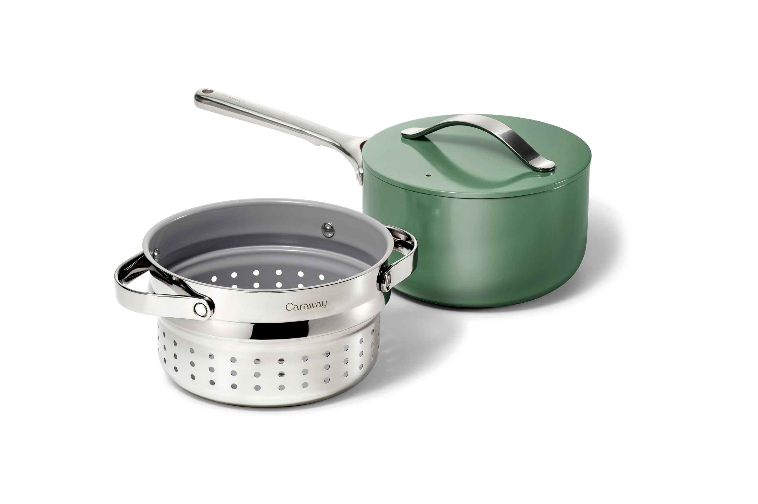 Caraway 3 Qt Ceramic Sauce Pan with Lid & Steamer — Non-Toxic, PTFE & PFOA Free, Oven Safe, Induction Compatible (Black)