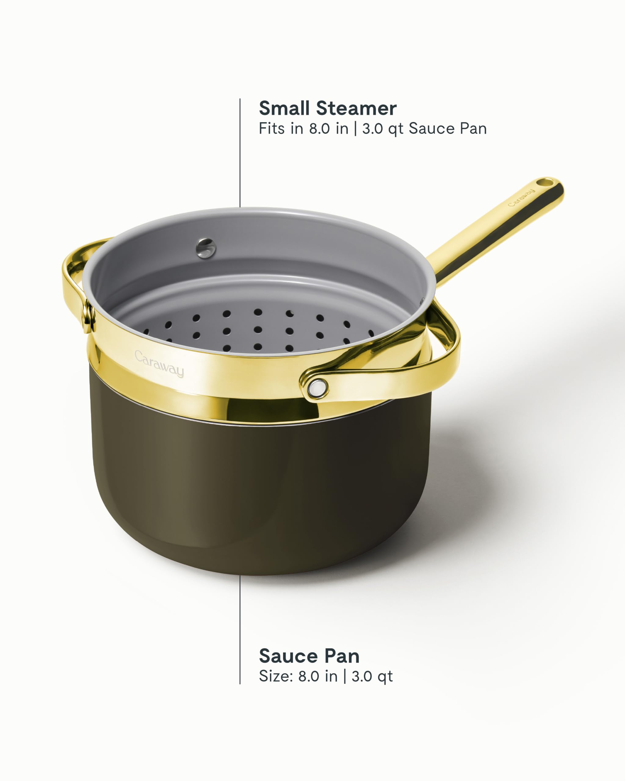 Caraway 3 Qt Ceramic Sauce Pan with Lid & Steamer — Non-Toxic, PTFE & PFOA Free, Oven Safe, Induction Compatible (Black)