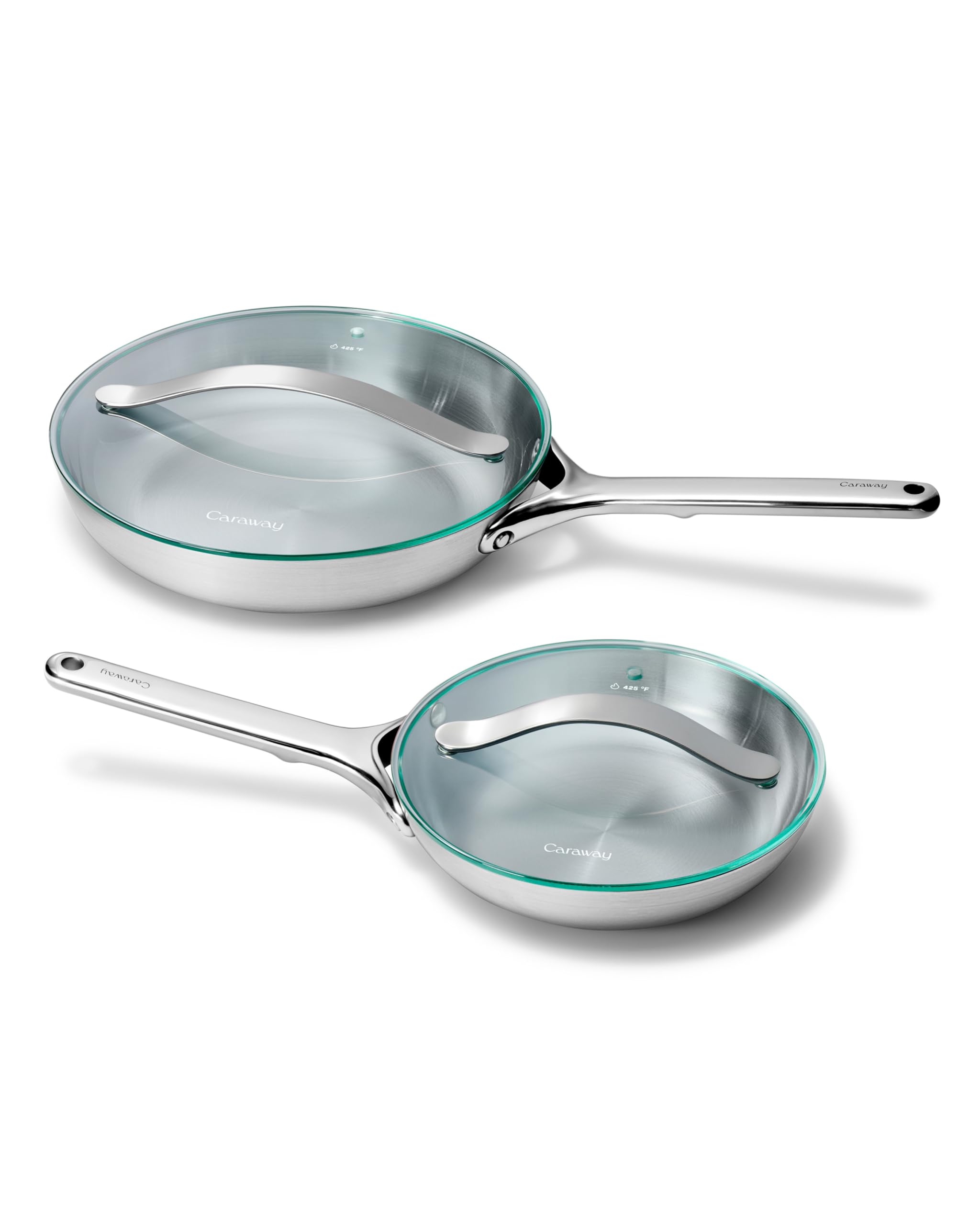 Caraway Stainless Steel Fry Pan Duo with Glass Lids – 8" & 10.5" Frying Pans (5-Ply)
