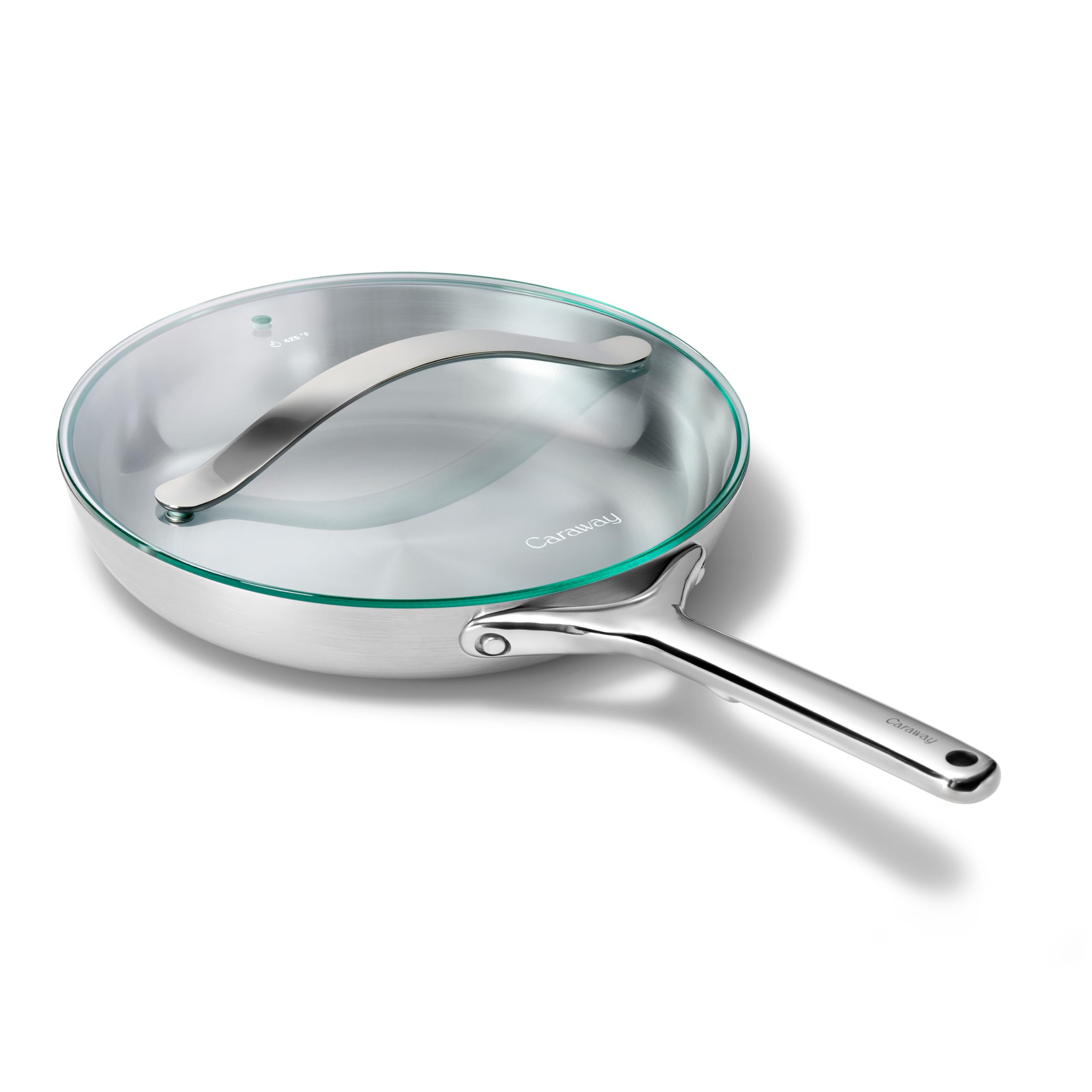 Caraway 10.5 Inch Stainless Steel Fry Pan with Glass Lid — 5-Ply Non-Toxic