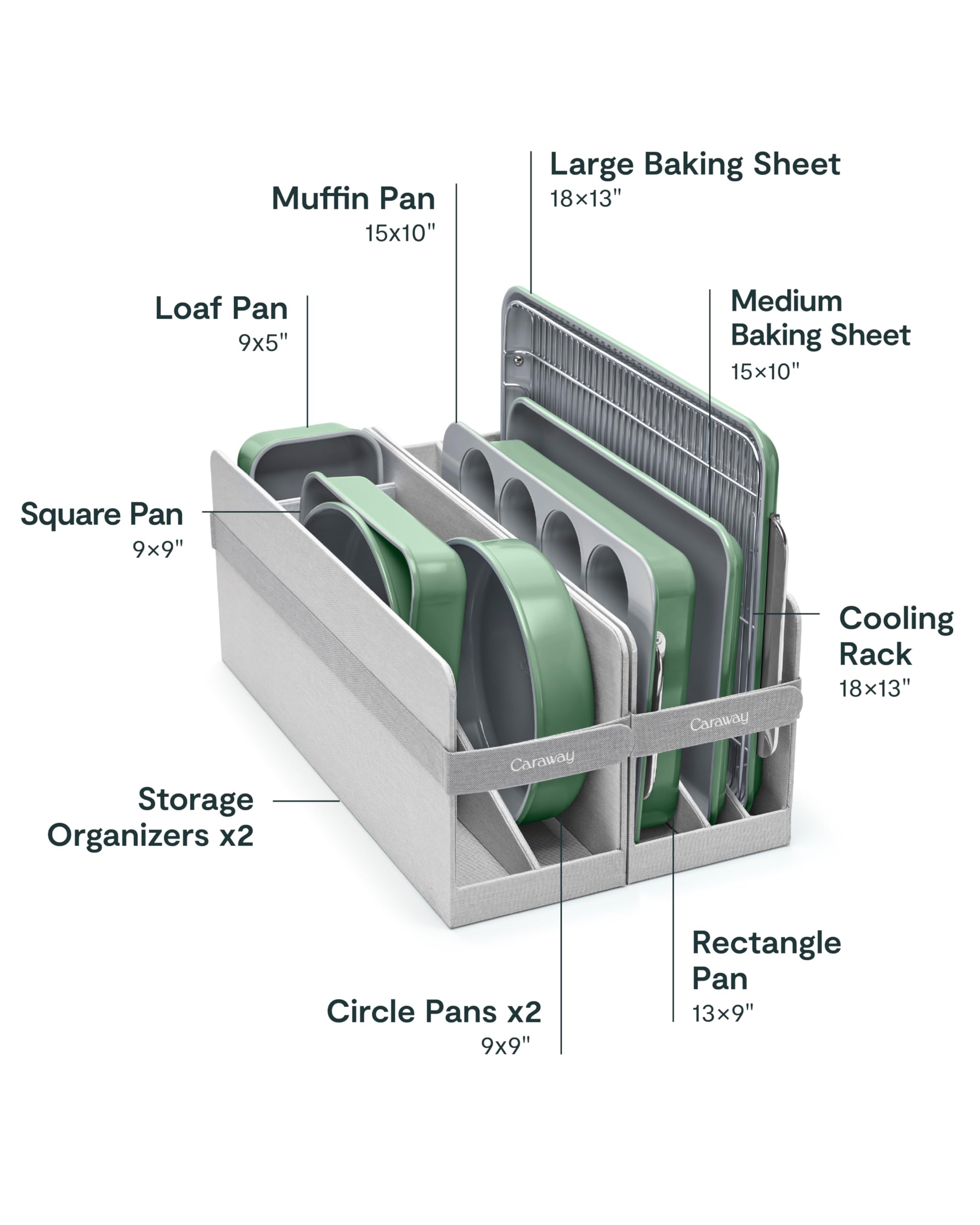 Caraway Nonstick Ceramic Bakeware Set (11-Piece) – Baking Sheets, Pans, Cooling Rack & Storage Organizers – Aluminized Steel, Non-Toxic, PTFE & PFOA Free – Sage