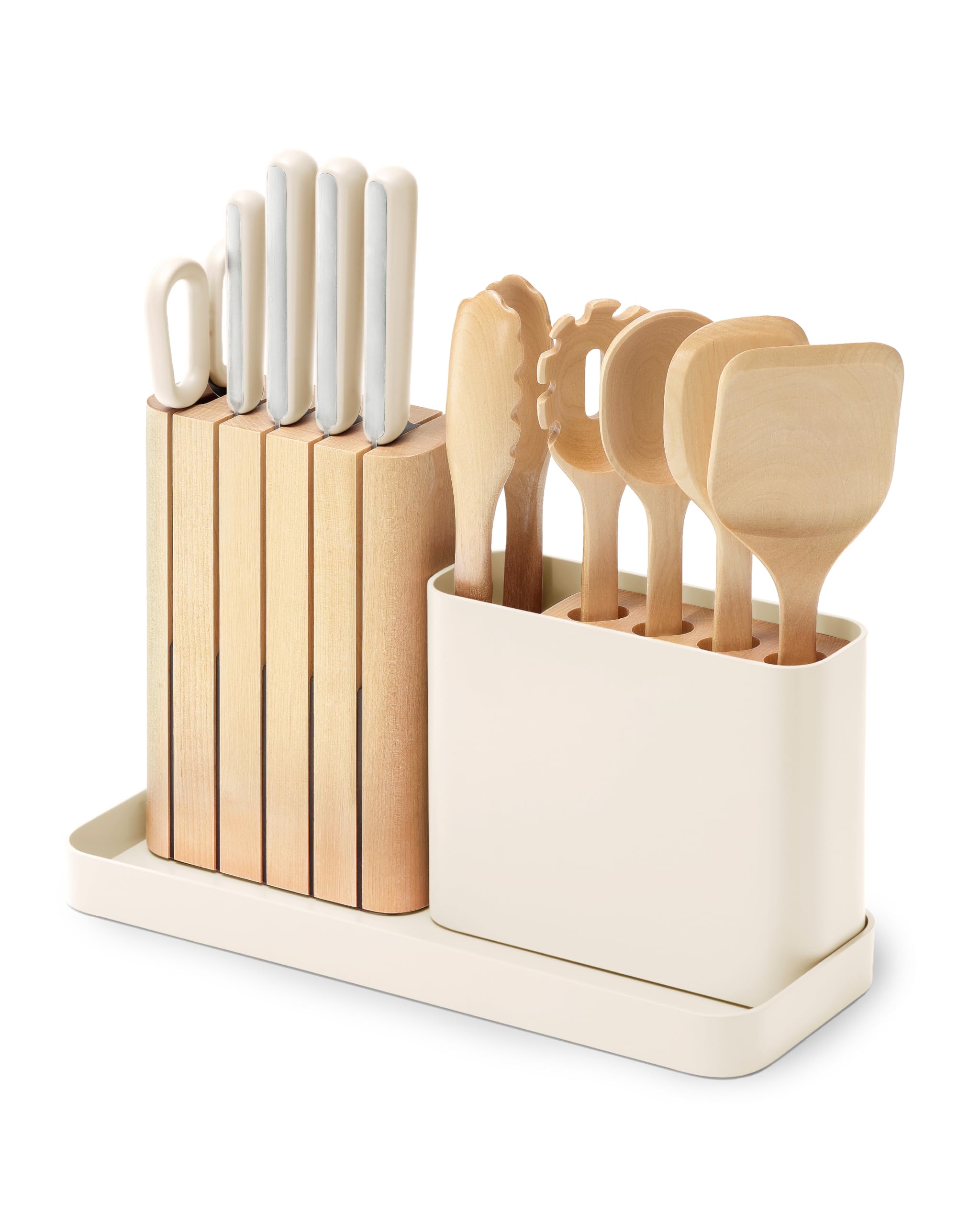 Caraway 14-Piece Kitchen Prep Set – German Steel Knives & Wooden Utensils with Organizer, Cream