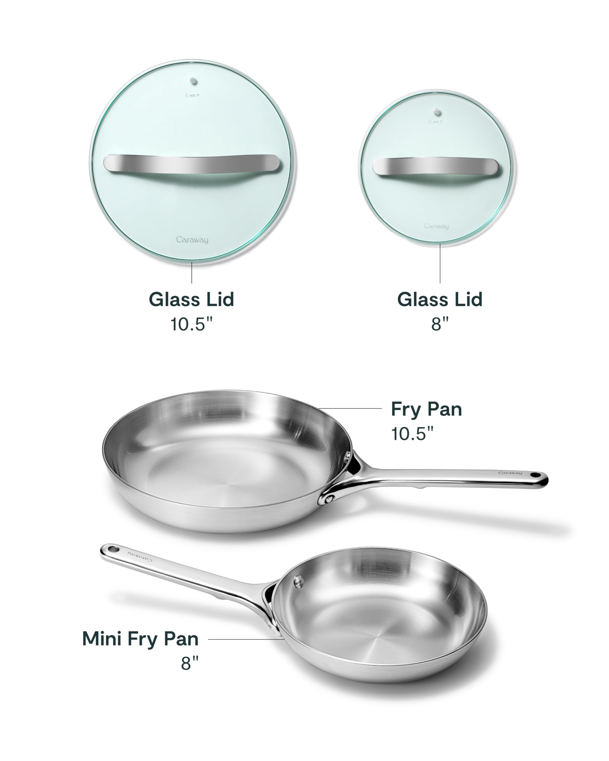 Caraway Stainless Steel Fry Pan Duo with Glass Lids – 8" & 10.5" Frying Pans (5-Ply)
