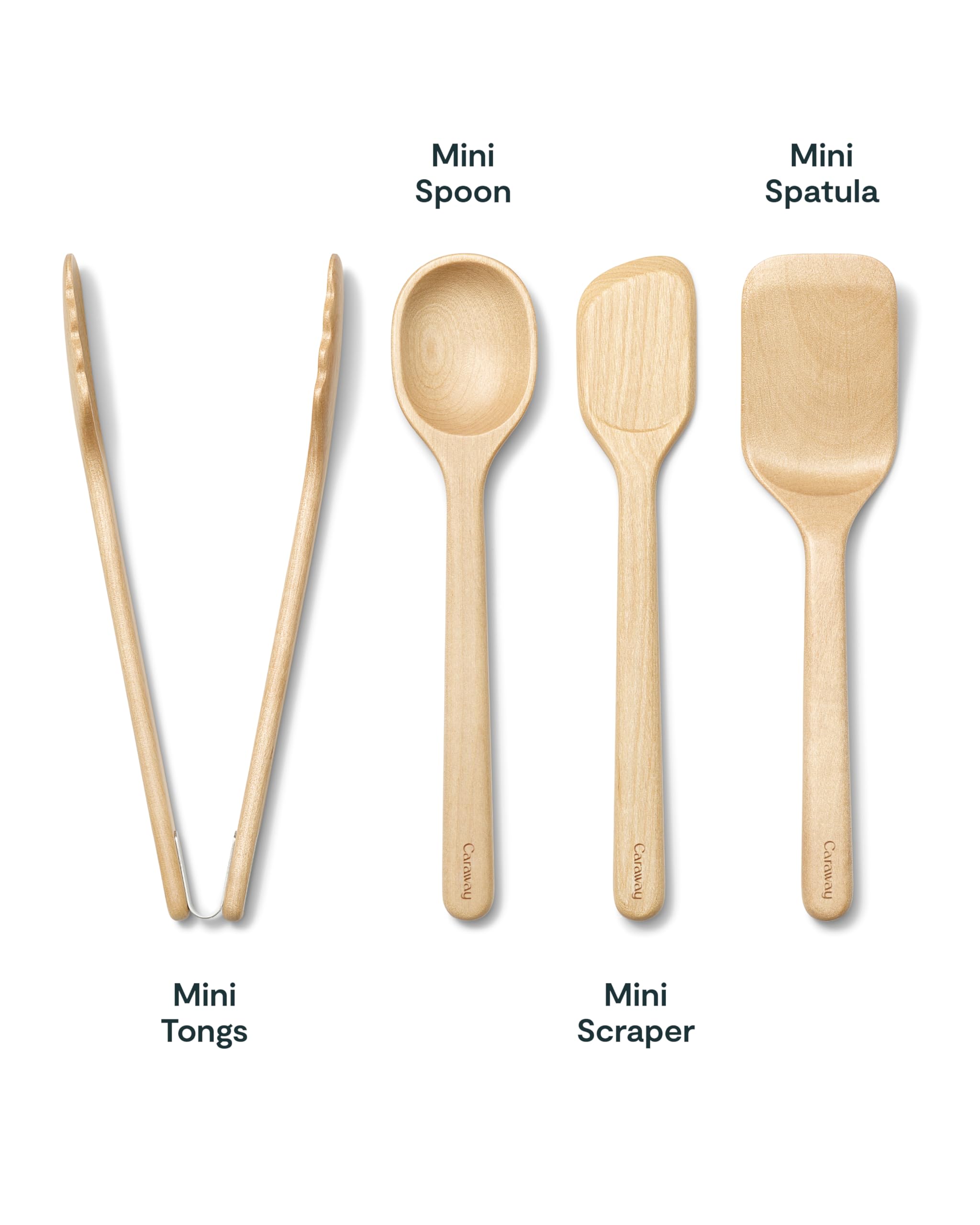 Caraway 4-Piece Mini Wooden Kitchen Utensils Set — Mini Spoon, Scraper, Spatula, and Tongs