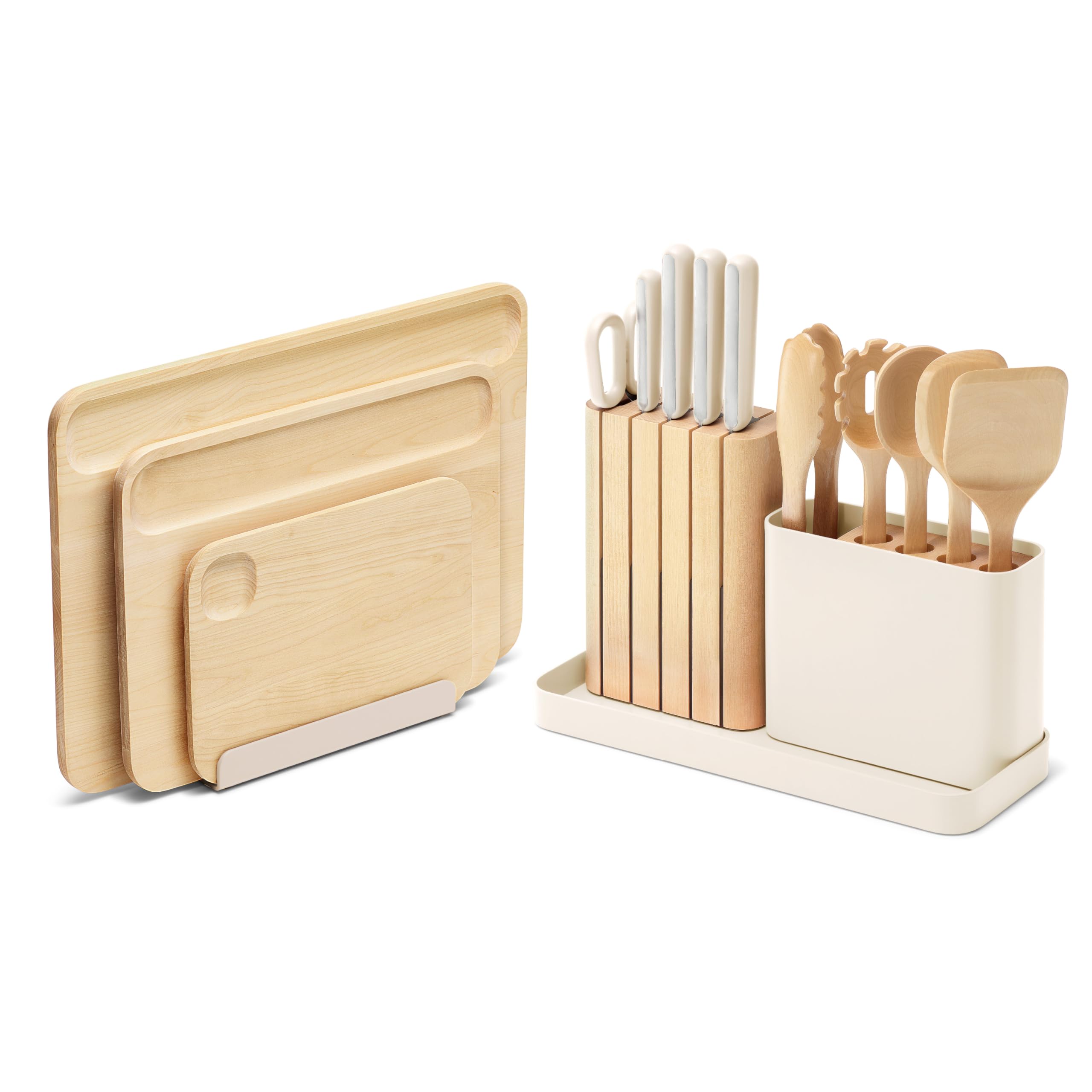 Caraway Kitchen Prep & Cutting Board Set – 4 German Steel Knives, Kitchen Shears, 5 Wooden Utensils, 3 FSC-Certified Birch Cutting Boards – Non-Toxic – Includes Storage Organizer – Cream