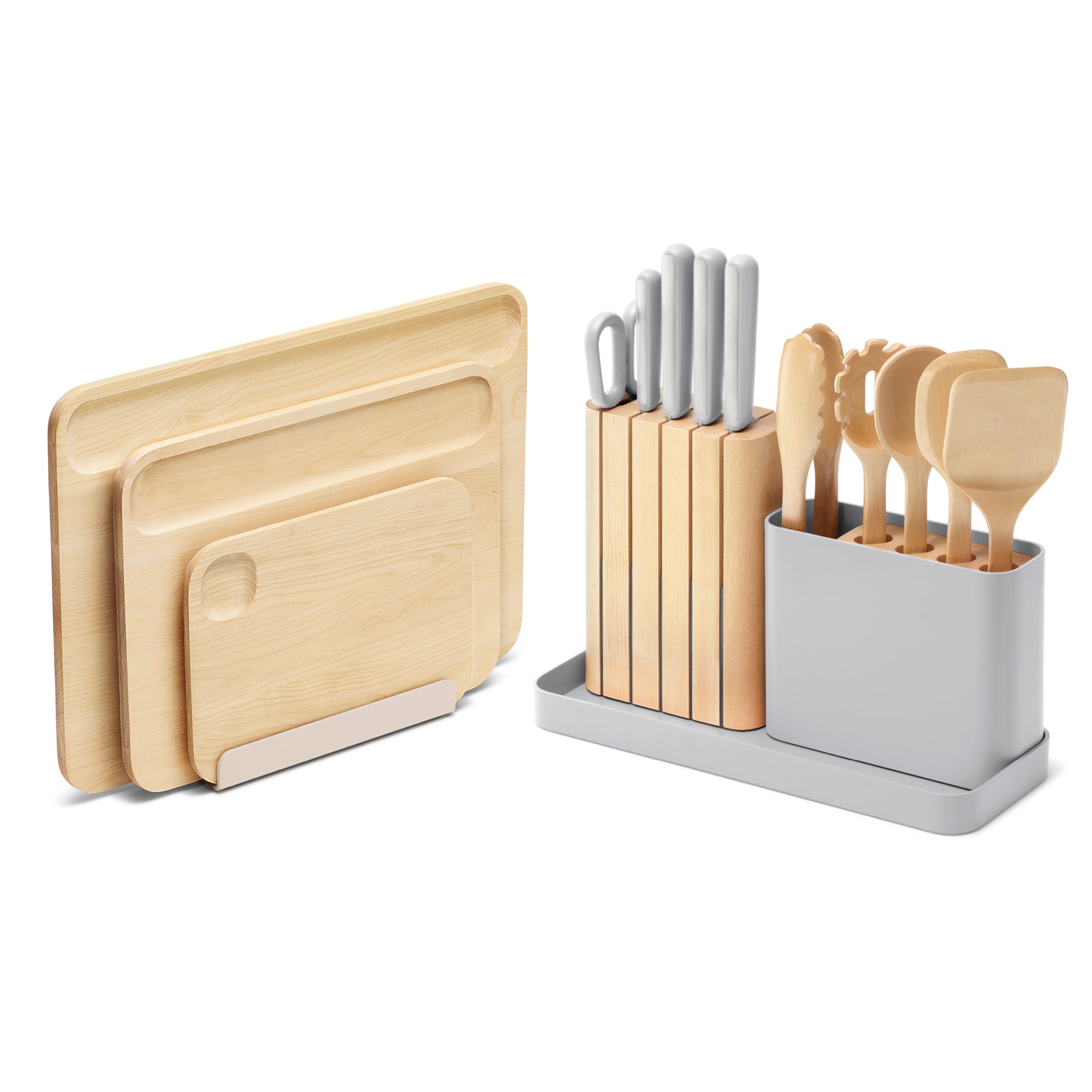Caraway Kitchen Prep & Cutting Board Set – 4 German Steel Knives, Kitchen Shears, 5 Wooden Utensils, 3 FSC-Certified Birch Cutting Boards – Non-Toxic – Includes Storage Organizer – Cream