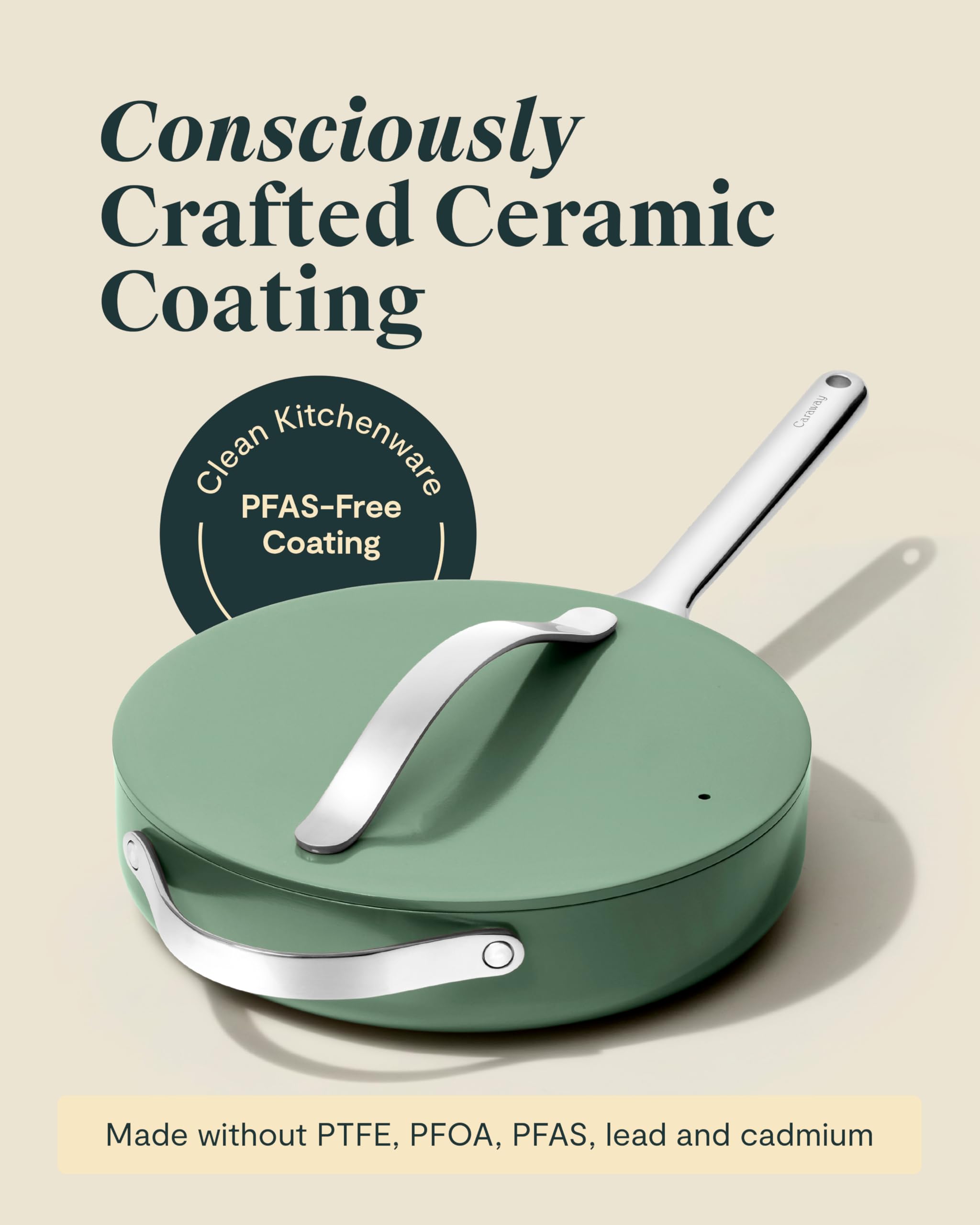 Caraway 12" Nonstick Ceramic Sauté Pan with Lid — 4.5 qt, Non-Toxic, PTFE & PFOA Free