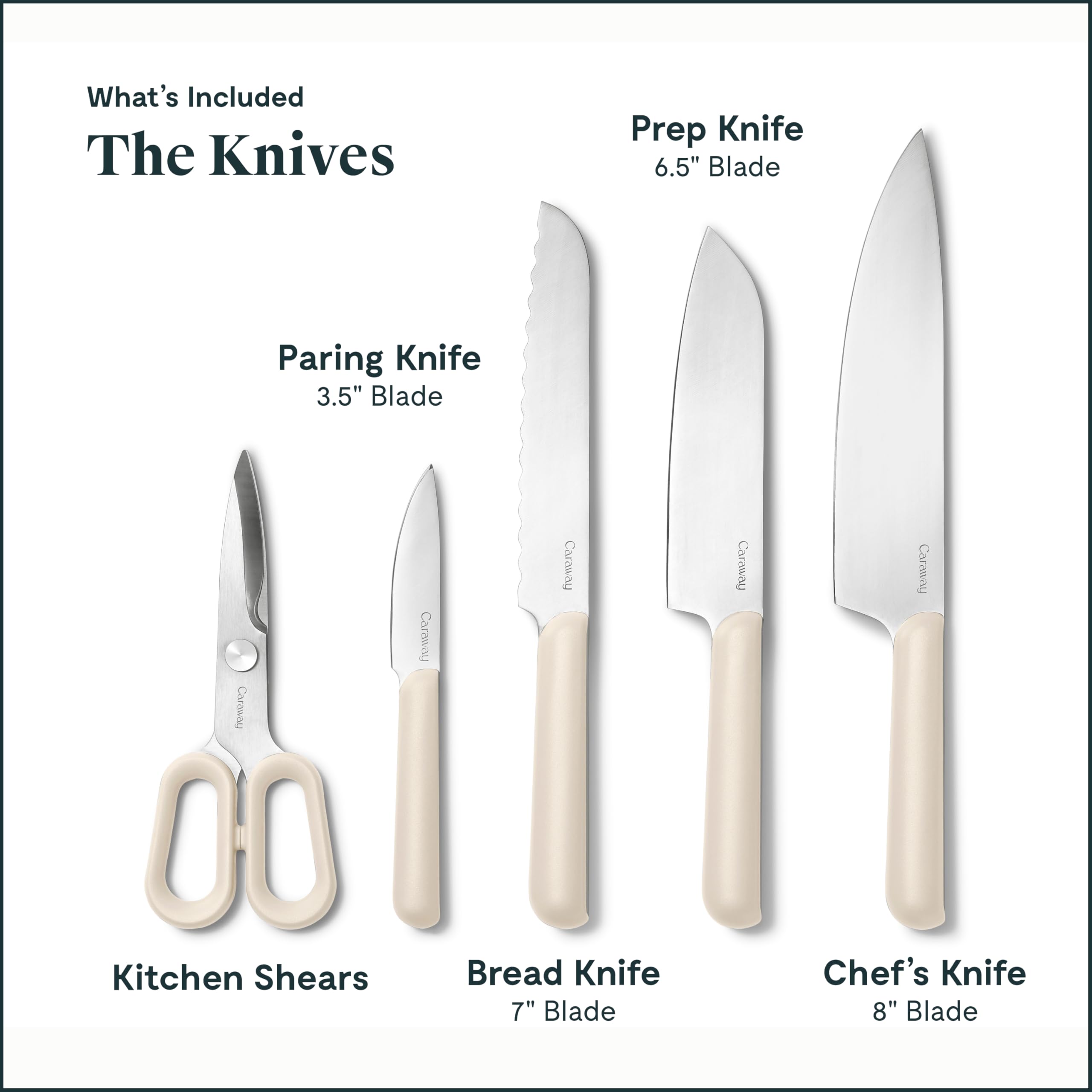 Caraway Kitchen Prep & Cutting Board Set – 4 German Steel Knives, Kitchen Shears, 5 Wooden Utensils, 3 FSC-Certified Birch Cutting Boards – Non-Toxic – Includes Storage Organizer – Cream