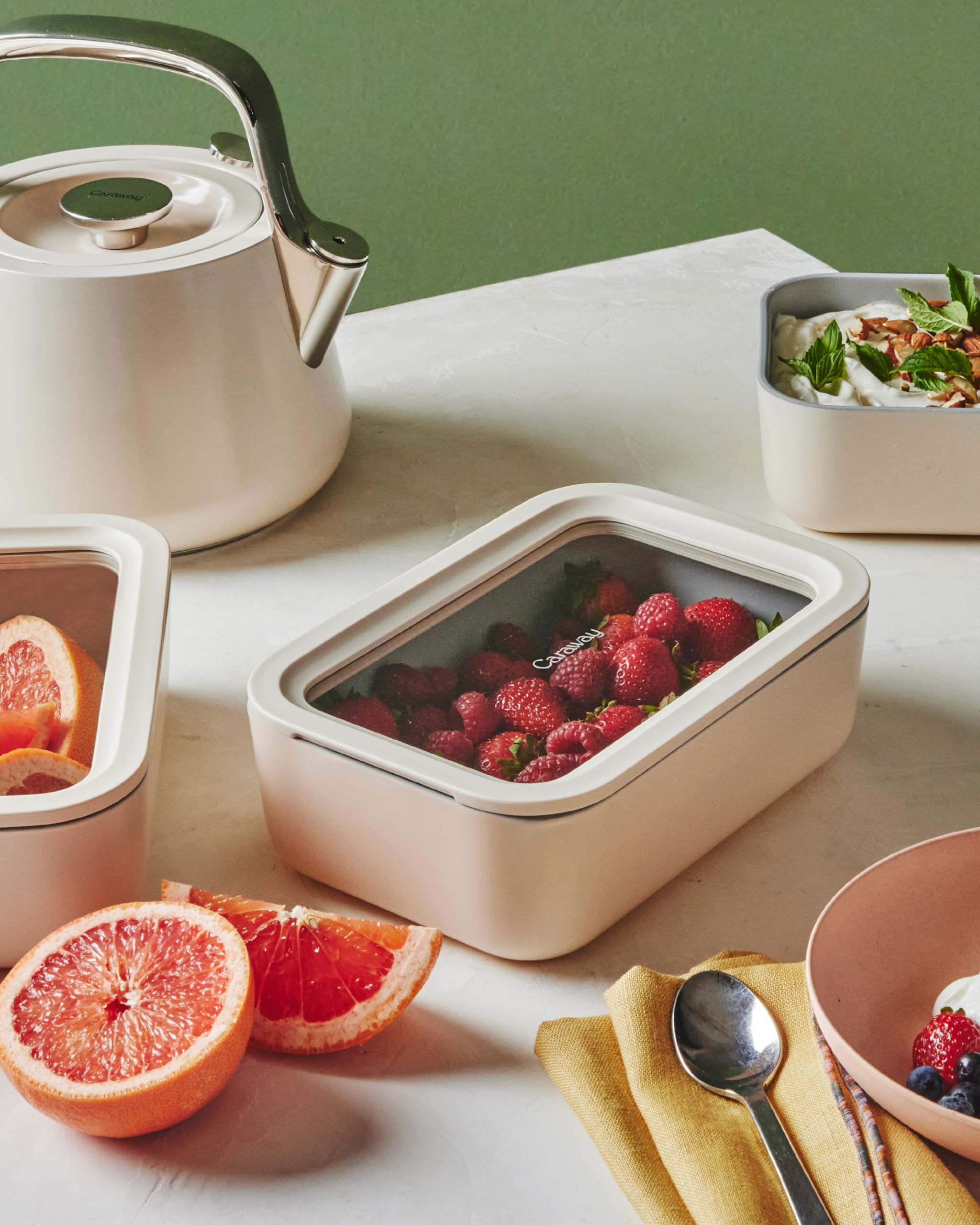 Caraway 6pc Glass Food Storage Set — 6.6 Cup Ceramic-Coated Containers with Lids, Mist