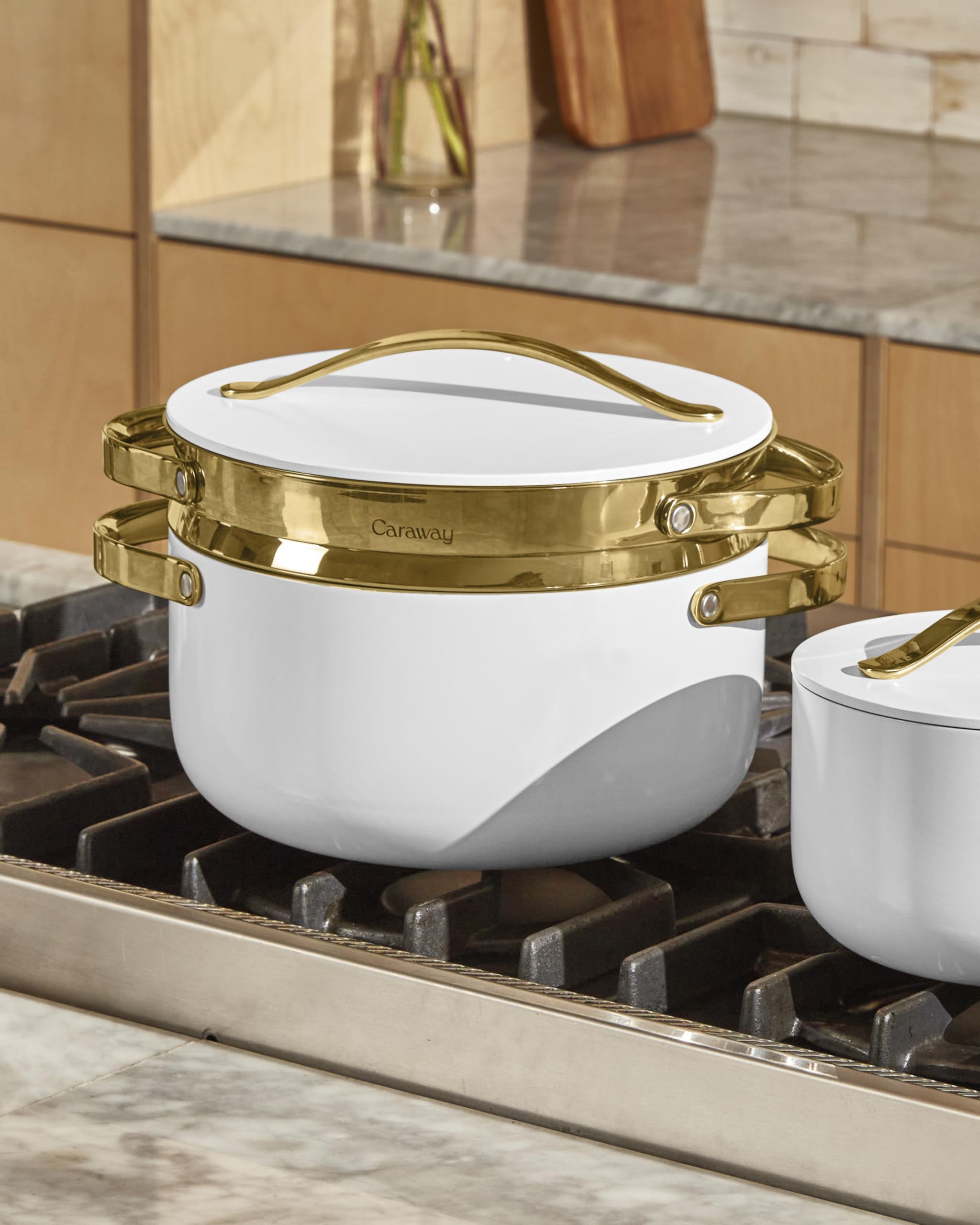 Caraway Nonstick Ceramic Dutch Oven Pot with Lid & Steamer — 6.5 qt, 10.5", White
