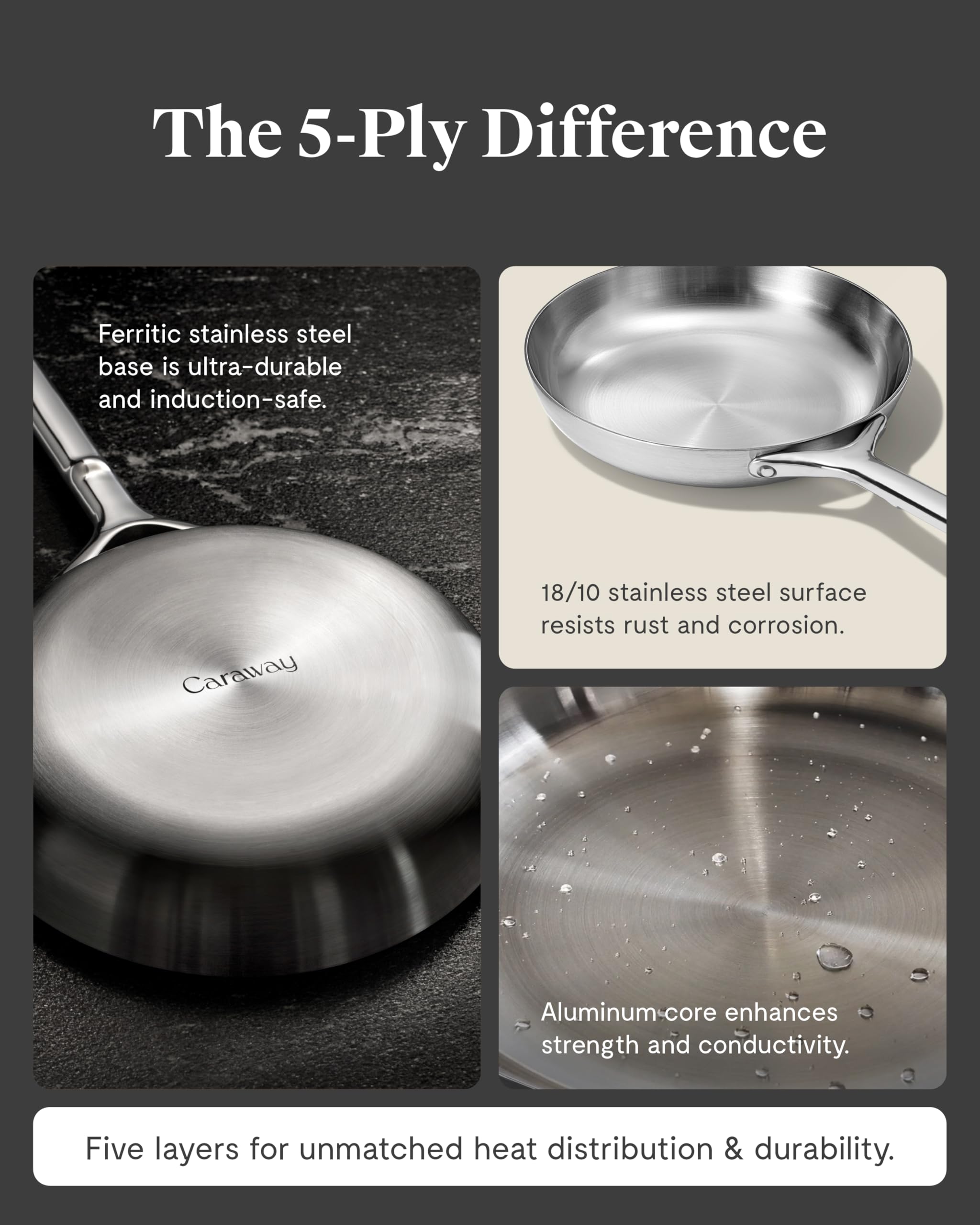 Caraway 10.5 Inch Stainless Steel Fry Pan with Glass Lid — 5-Ply Non-Toxic