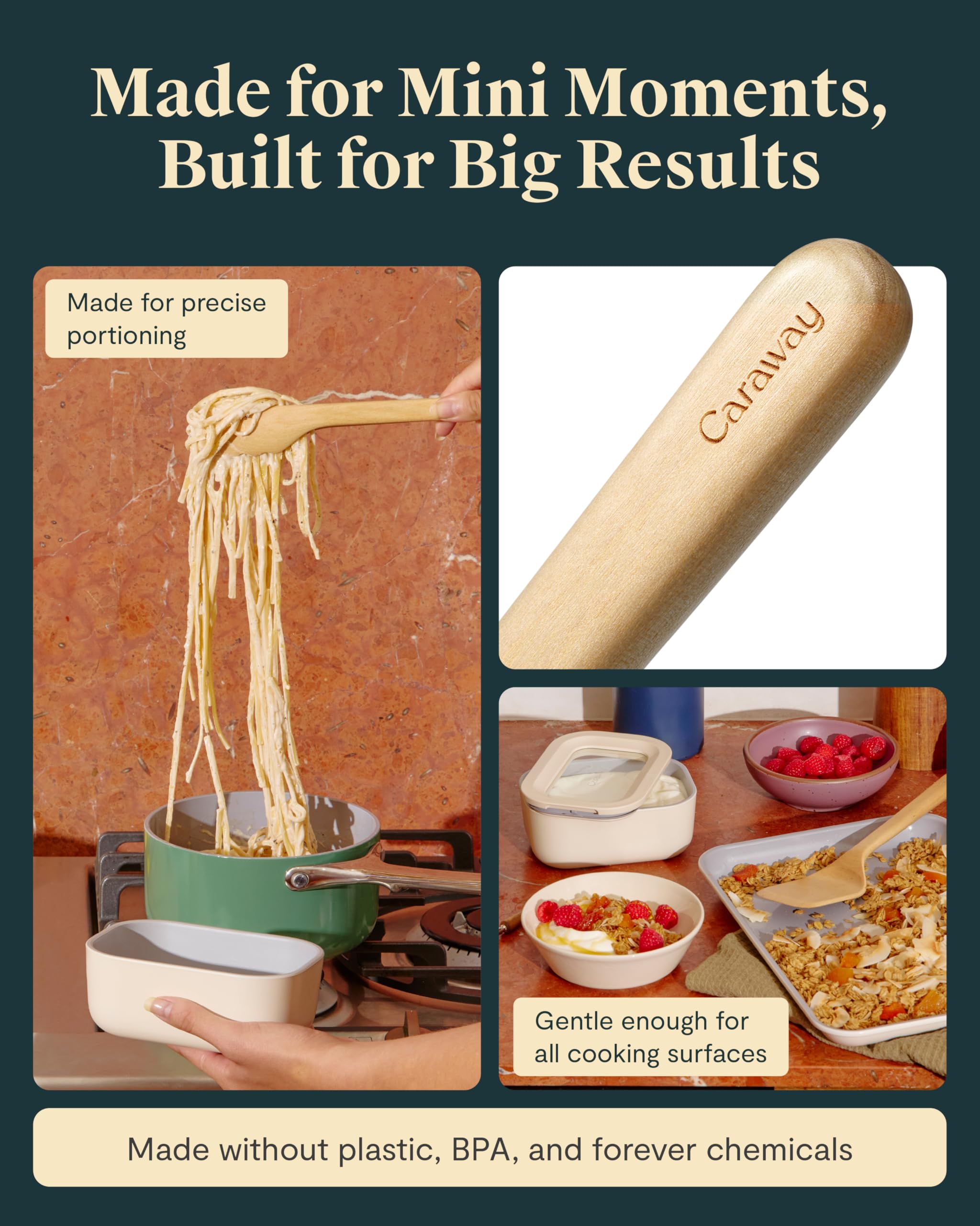 Caraway 4-Piece Mini Wooden Kitchen Utensils Set — Mini Spoon, Scraper, Spatula, and Tongs