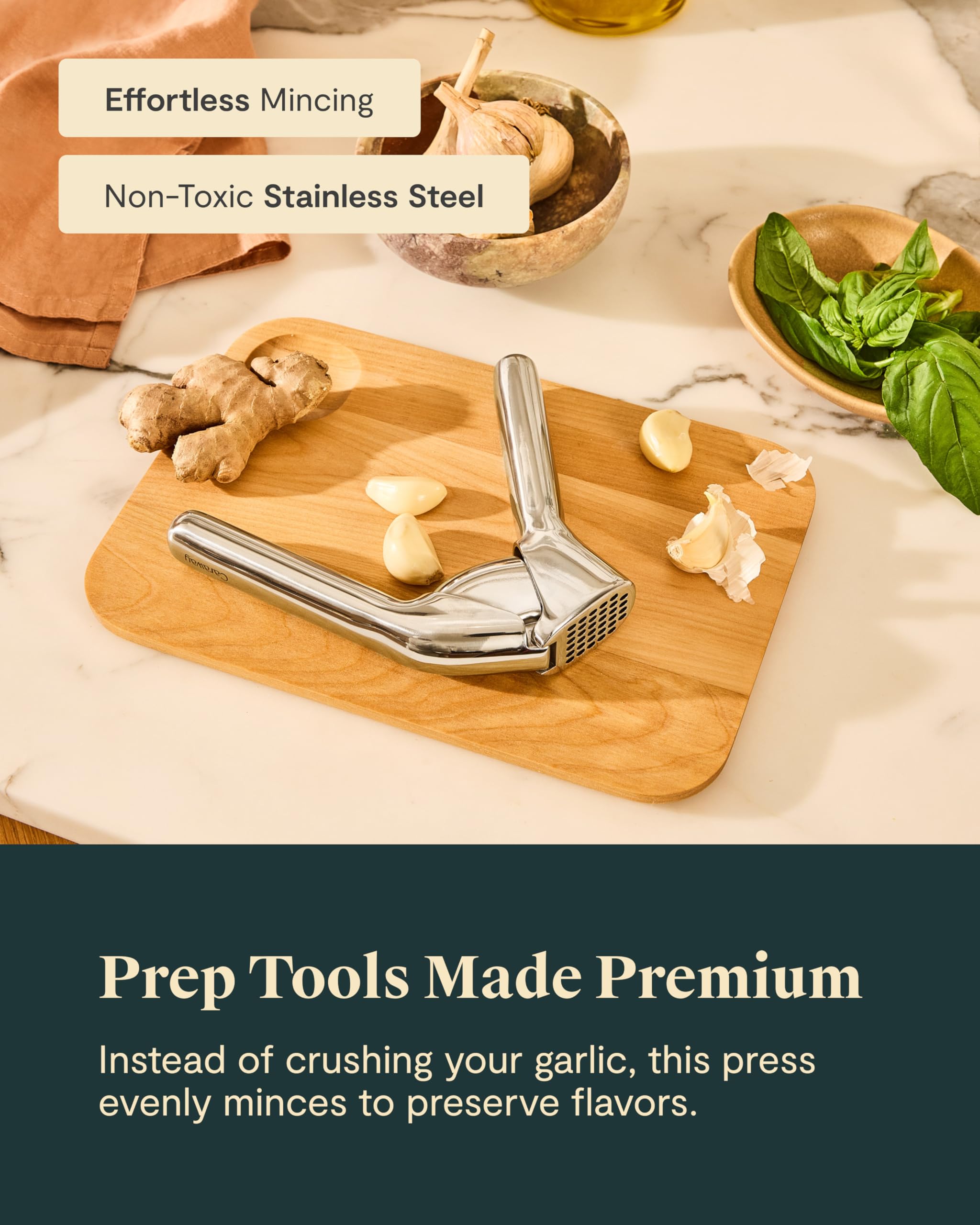 Caraway Garlic Press – Non-Toxic Stainless Steel – Ergonomic Handle, Detachable for Easy Cleaning