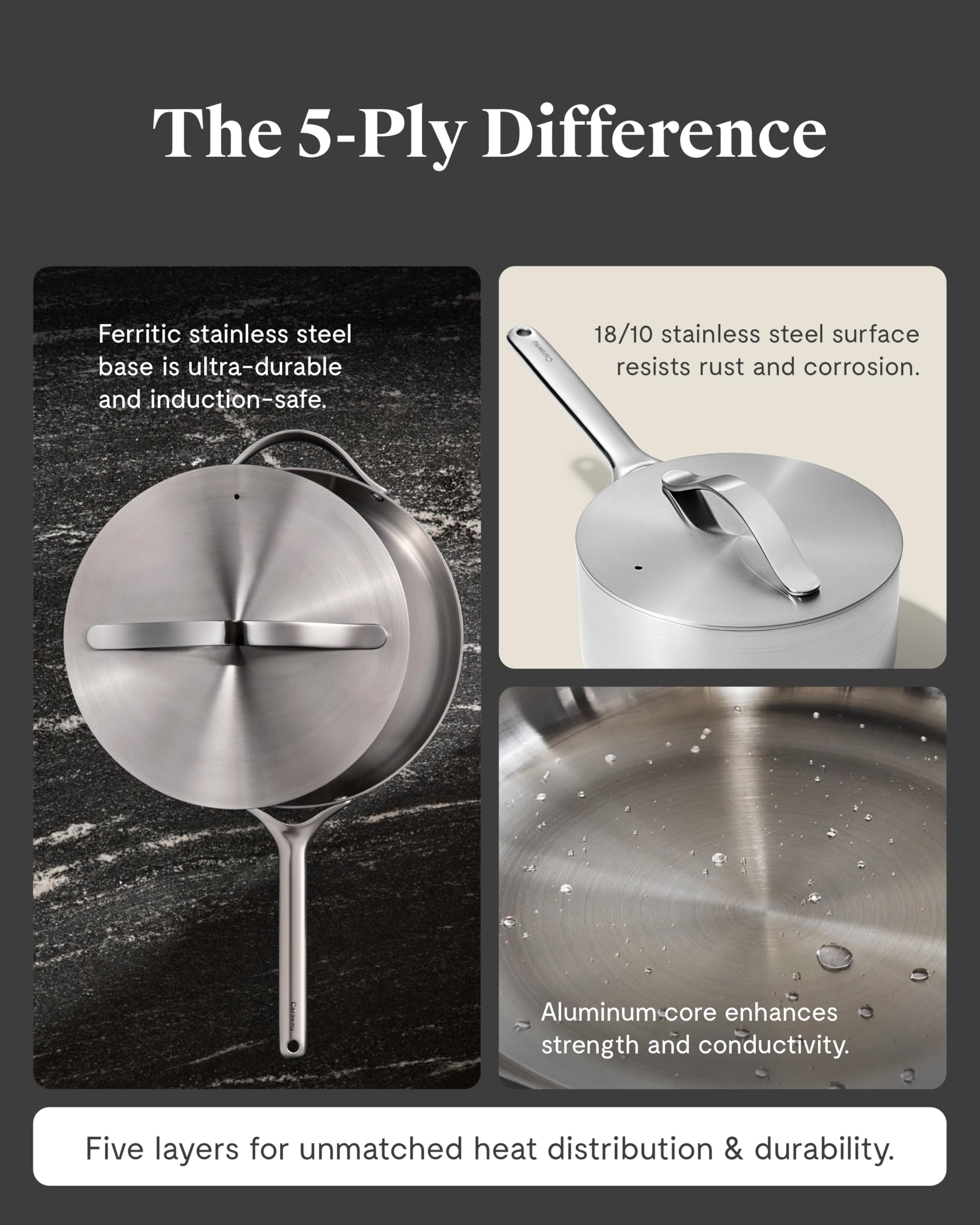 Caraway Stainless Steel Sauce Pan (3 Qt) — 5-Ply, Oven Safe, Non-Toxic, PTFE & PFOA Free