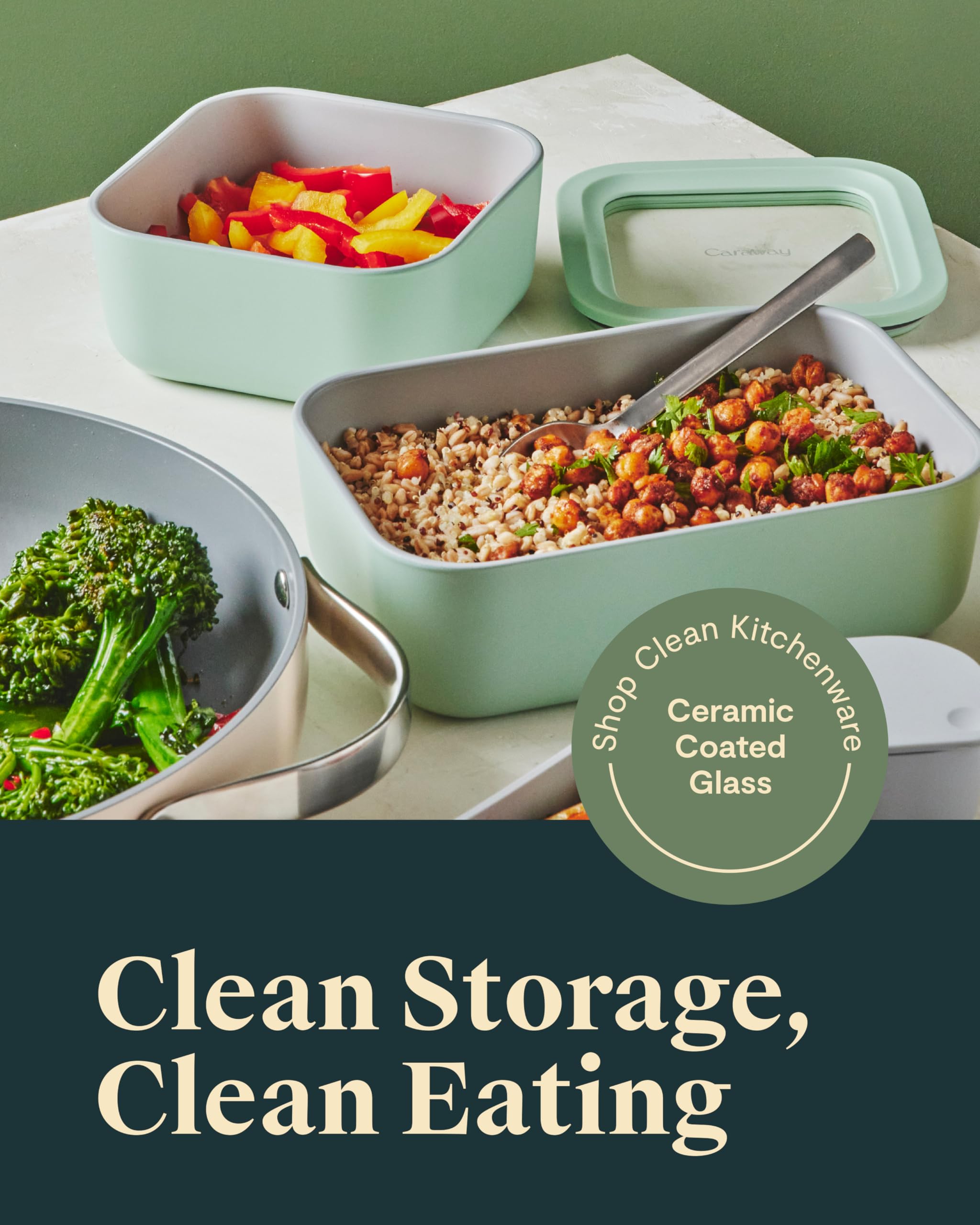 Caraway 6pc Glass Food Storage Set — 6.6 Cup Ceramic-Coated Containers with Lids, Mist