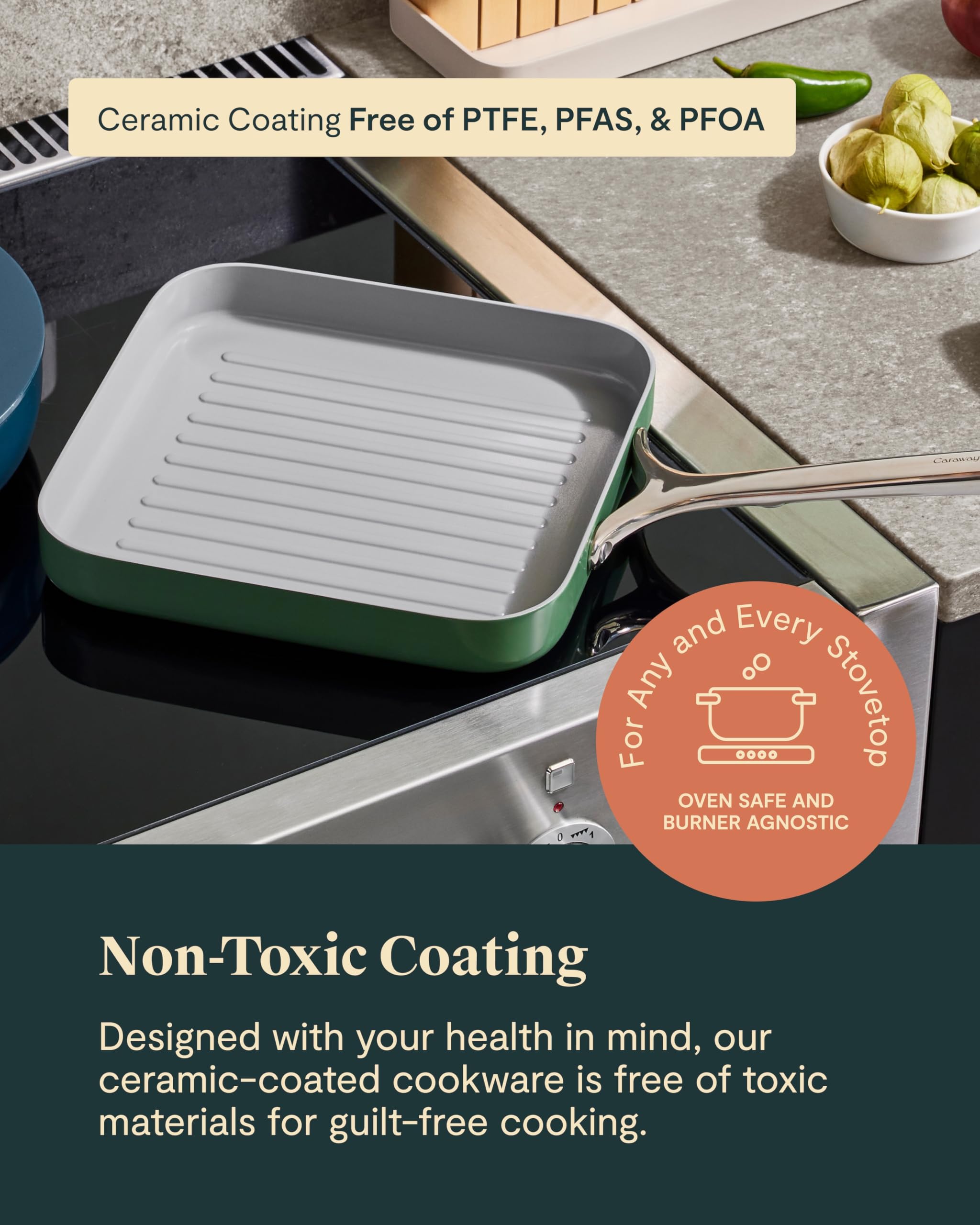 Caraway 11" Square Grill Pan — Non-Stick Ceramic Coated, Non-Toxic & Induction Compatible
