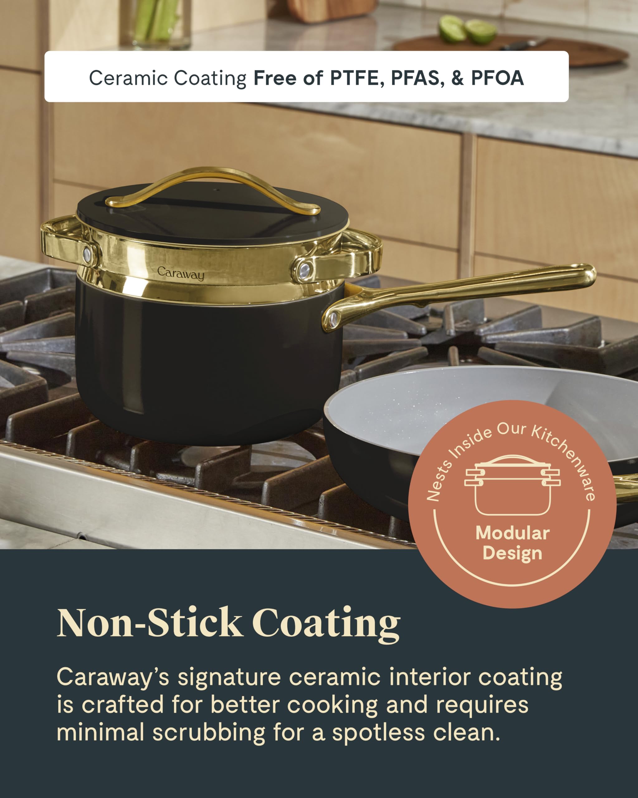 Caraway 3 Qt Ceramic Sauce Pan with Lid & Steamer — Non-Toxic, PTFE & PFOA Free, Oven Safe, Induction Compatible (Black)