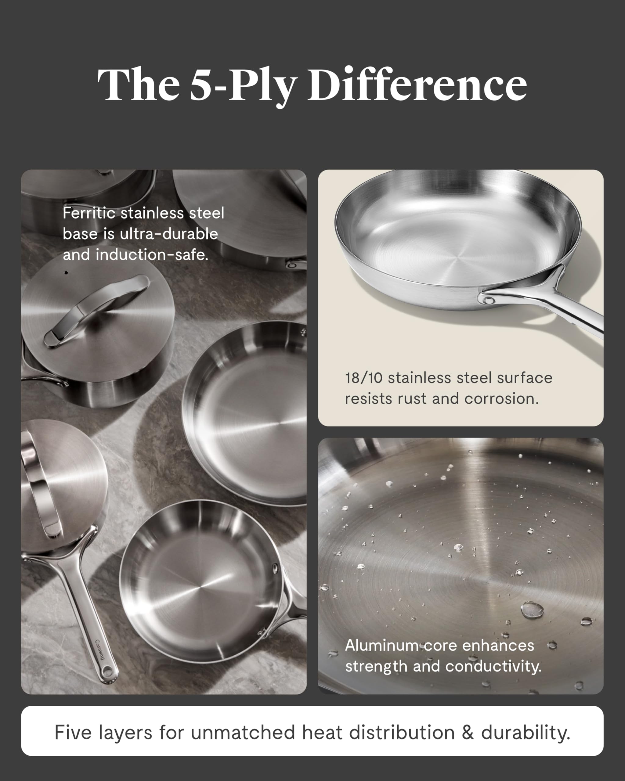 Caraway Stainless Steel Deluxe Cookware Set (16 Piece) — 5-Ply Stainless Steel Pots, Pans, Lids, and Kitchen Storage
