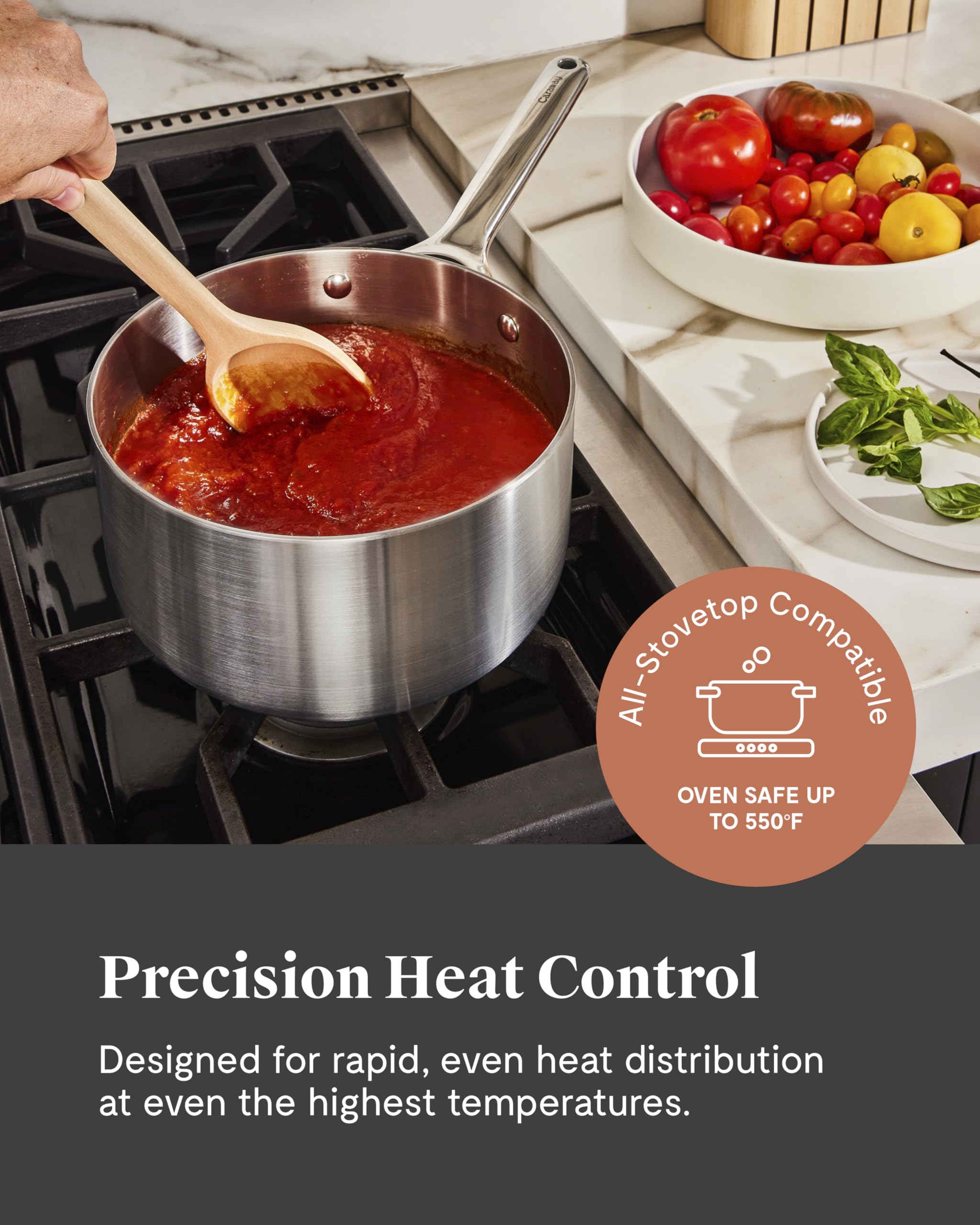 Caraway Stainless Steel Sauce Pan (3 Qt) with Steamer – 5-Ply