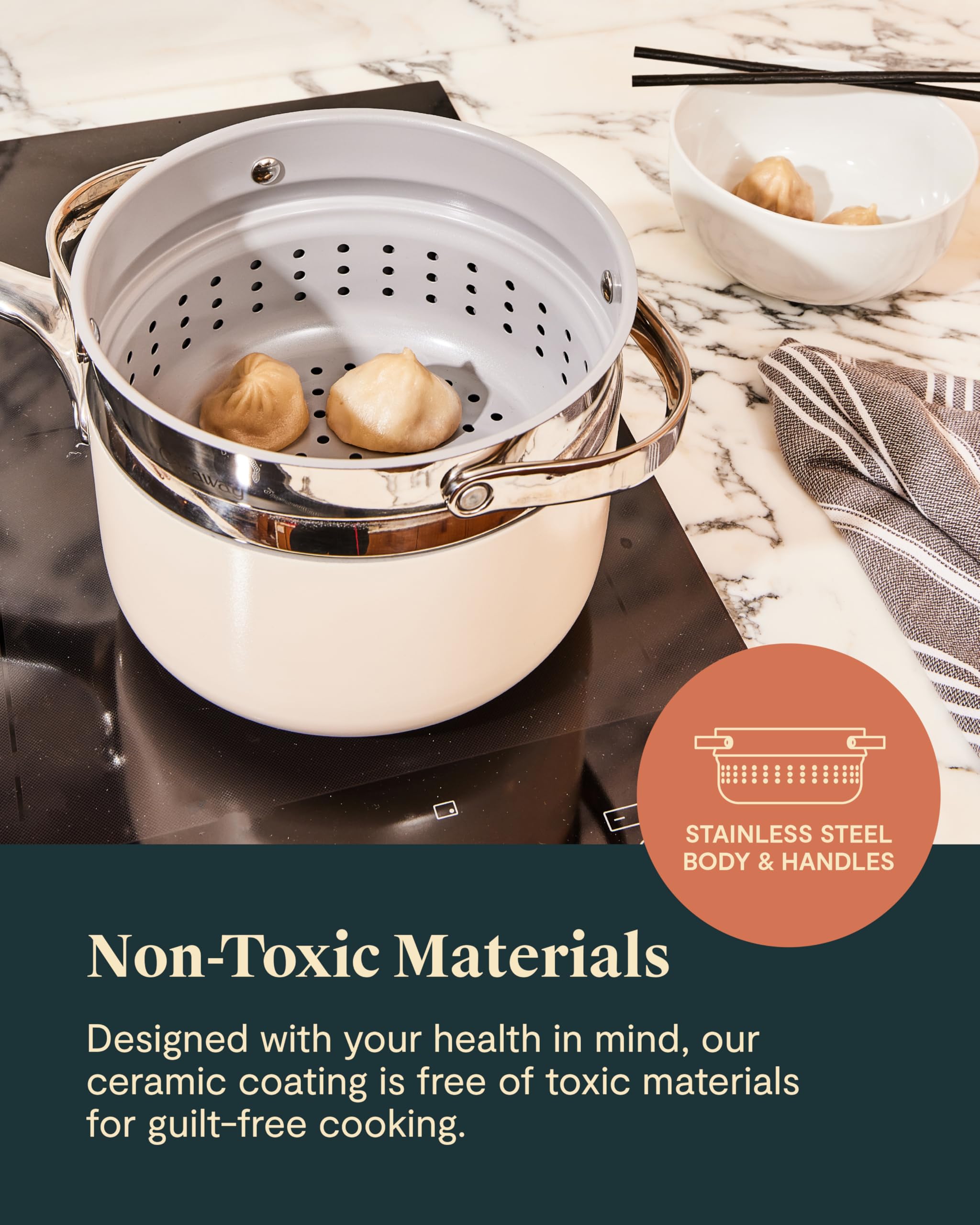 Caraway 3 Qt Ceramic Sauce Pan with Lid & Steamer — Non-Toxic, PTFE & PFOA Free, Oven Safe, Induction Compatible (Black)