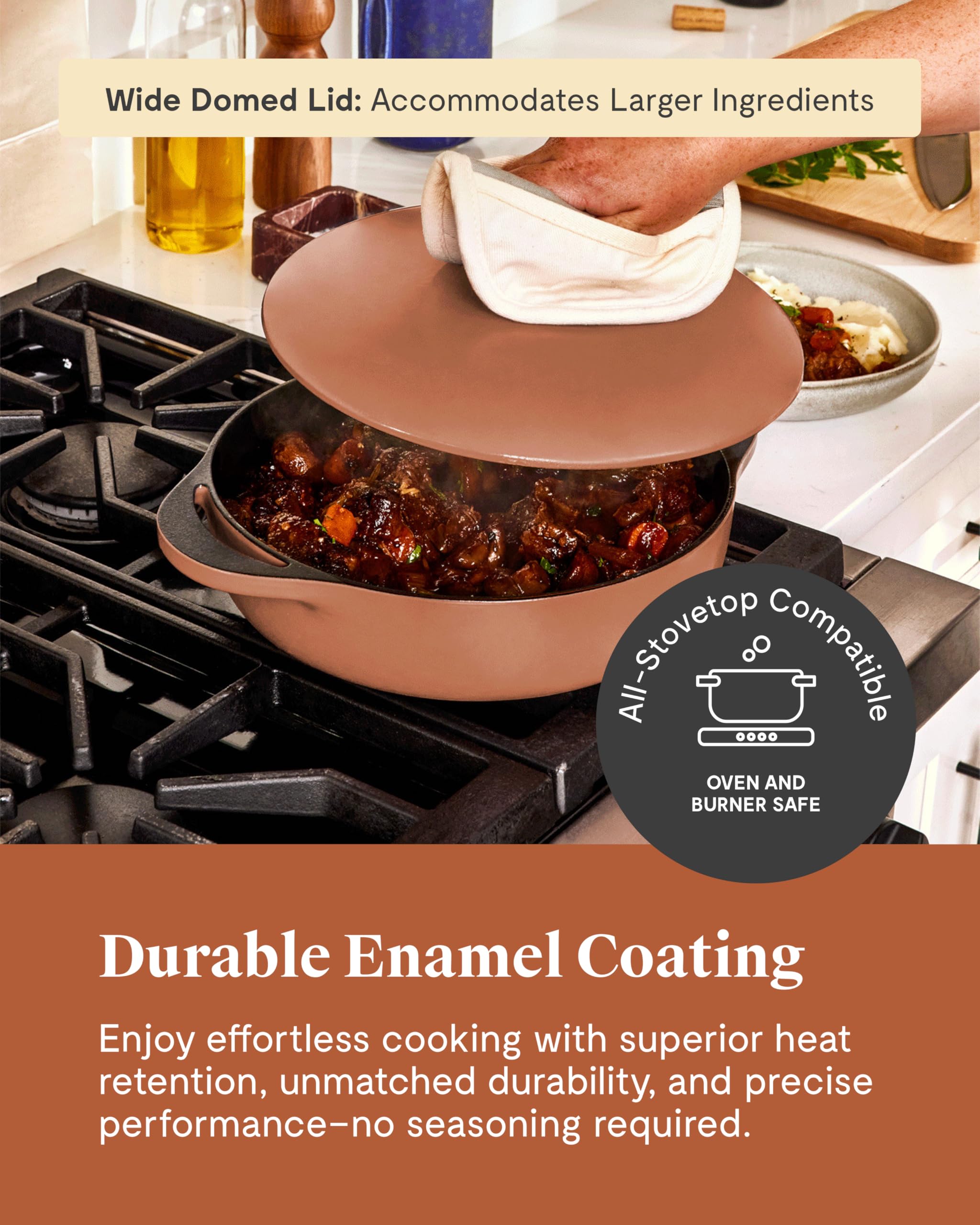Caraway Enameled Cast Iron Braiser — 3.5 qt Braiser Pan, 3-Layer Enamel Coating, No Seasoning Required, Oven Safe, Induction Compatible (Cream)