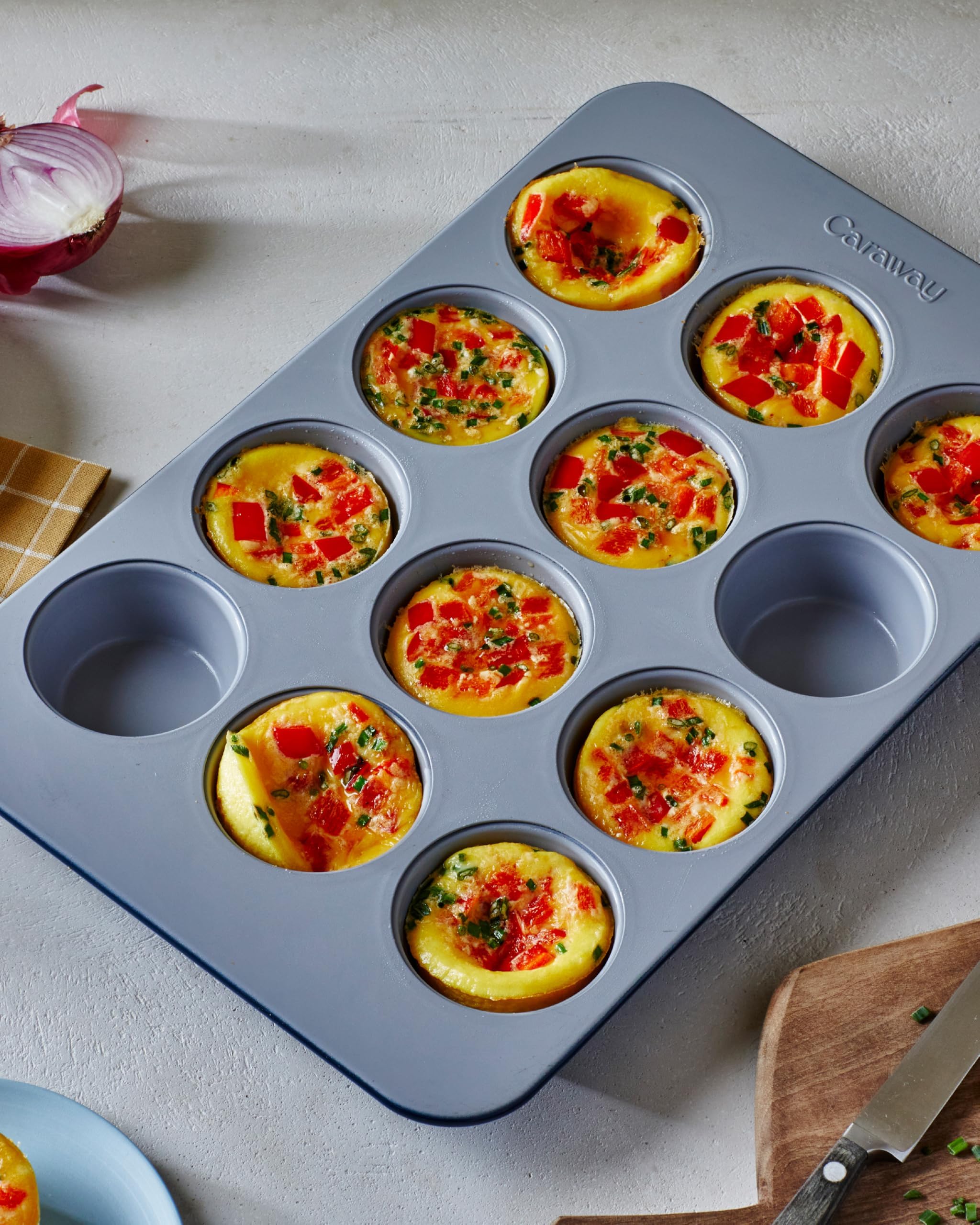 Caraway Nonstick Ceramic Muffin Pan Set – 3-Piece: Two 6-Cup Pans & One 12-Cup Pan – Non-Toxic, PFAS-Free, Aluminized Steel Core – Oven Safe to 550°F – Cream