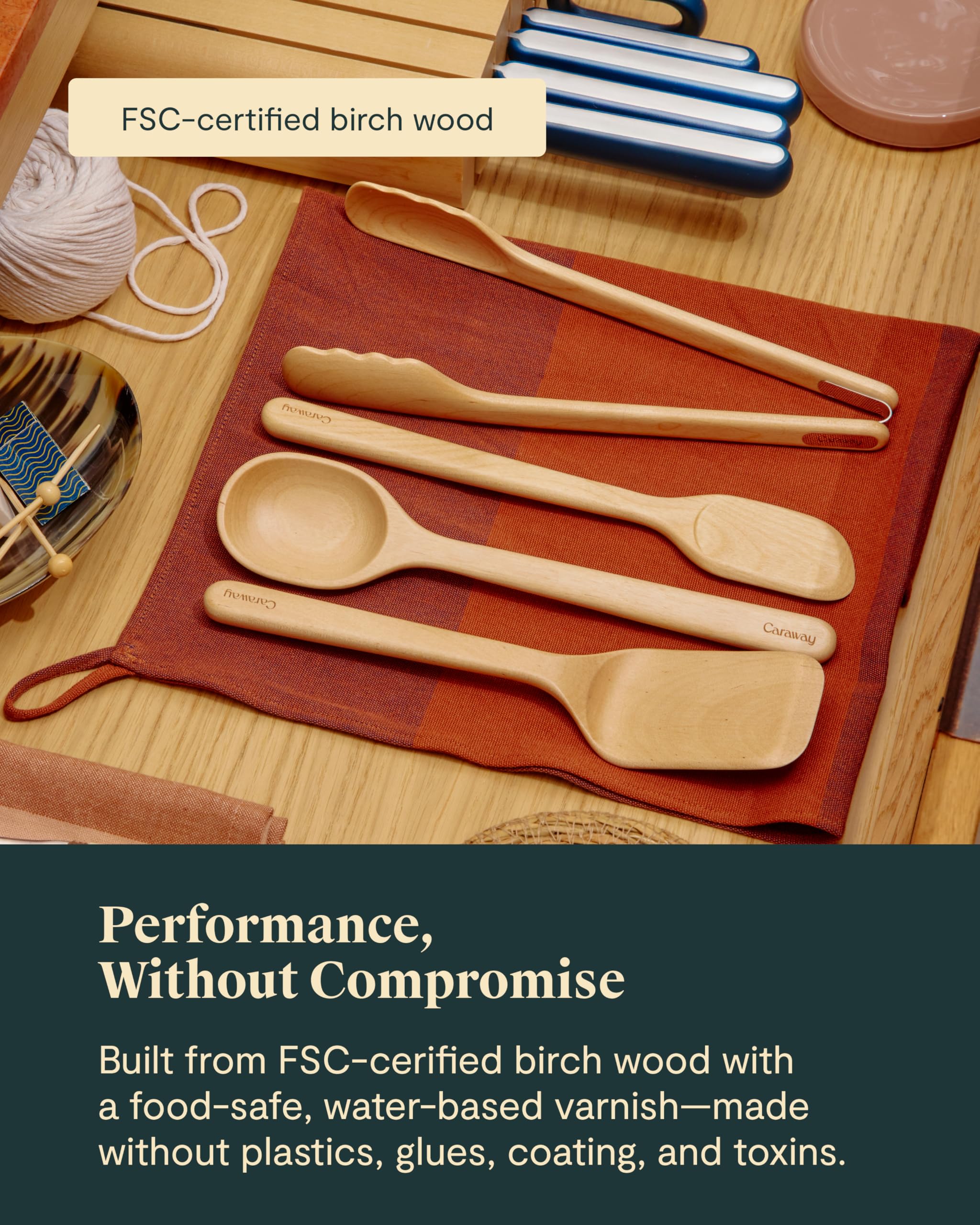 Caraway 4-Piece Mini Wooden Kitchen Utensils Set — Mini Spoon, Scraper, Spatula, and Tongs
