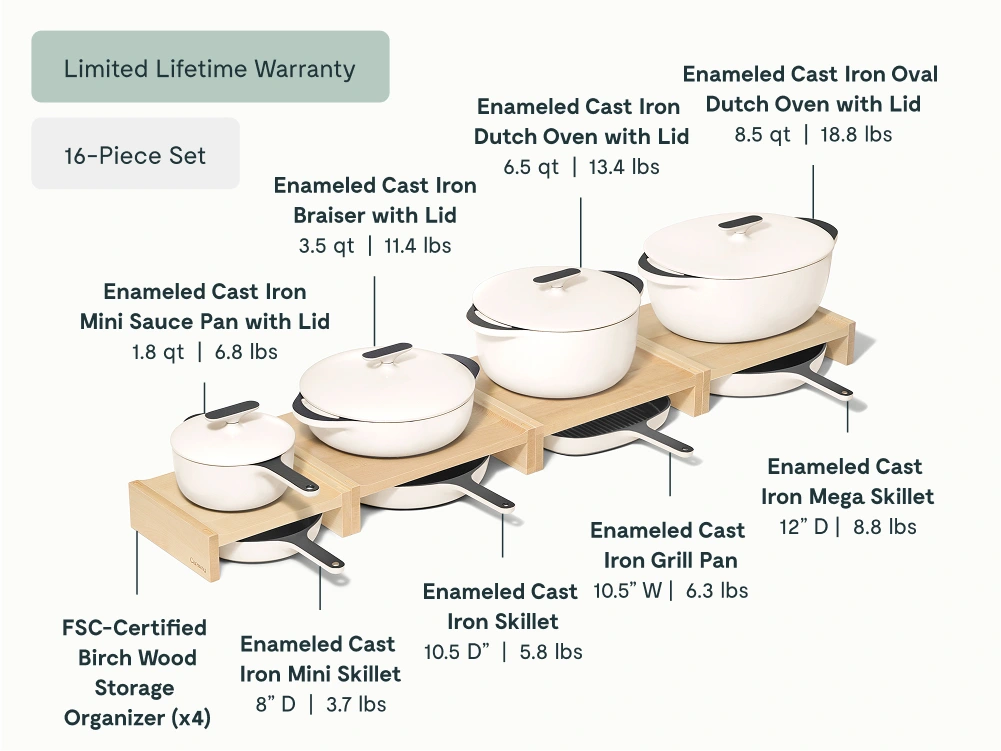 Caraway Deluxe Enameled Cast Iron Set – 16-Piece Collection