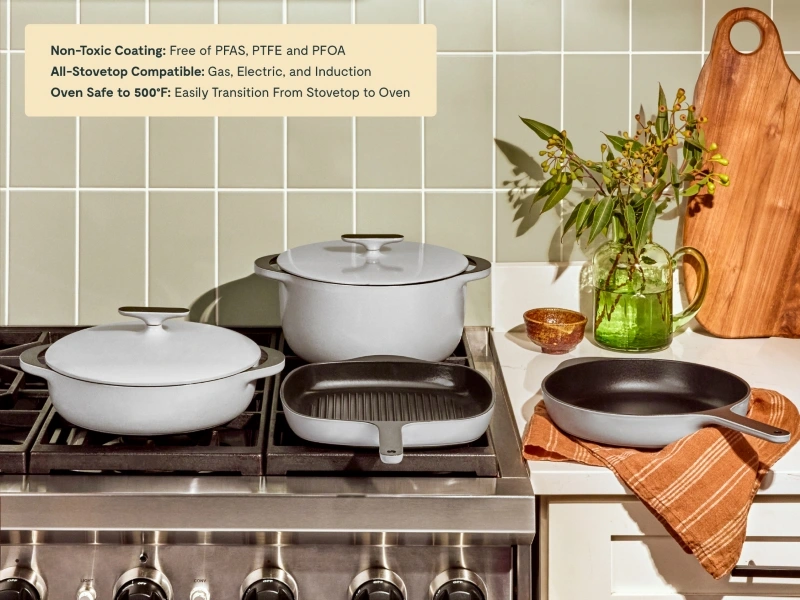 Caraway Enameled Cast Iron Cookware Set — 4-Piece: Dutch Oven, Skillet, Braiser & Grill Pan
