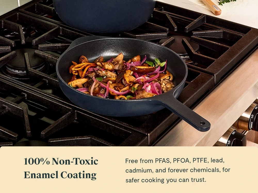 Caraway Enameled Cast Iron Skillet Trio — 8", 10.5", and 12" Fry Pans