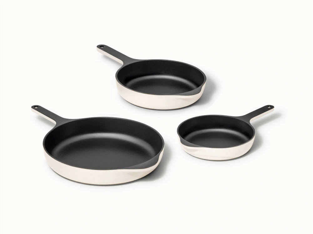 Caraway Enameled Cast Iron Skillet Trio — 8", 10.5", and 12" Fry Pans