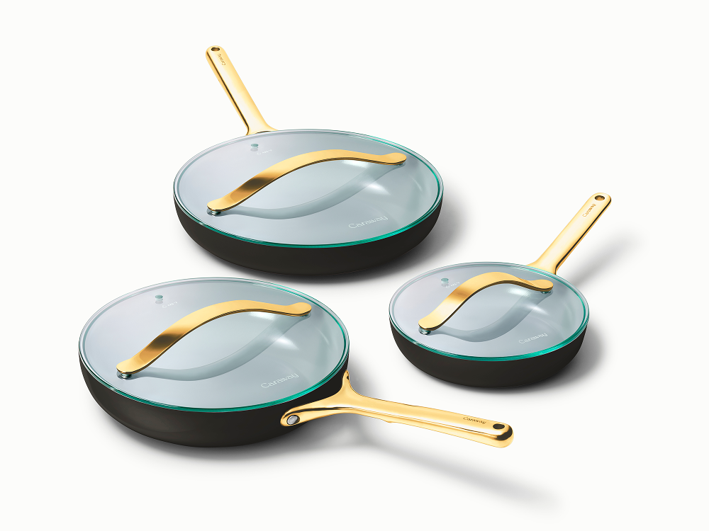 Caraway Fry Pan Trio with Glass Lids — 8", 10.5", & 12" Ceramic Non-Stick Frying Pans