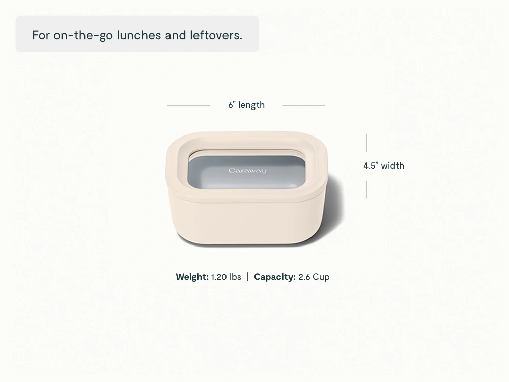 Caraway Mini Rectangle Container — 2.6 Cup Capacity, Ceramic-Coated Glass, Air Release Technology