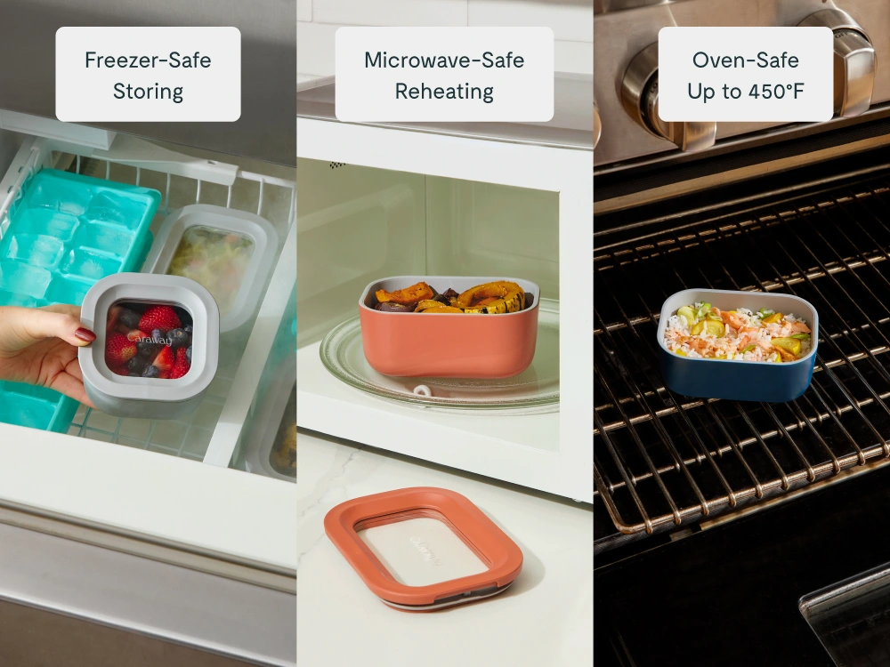 Caraway Mini Rectangle Container — 2.6 Cup Capacity, Ceramic-Coated Glass, Air Release Technology