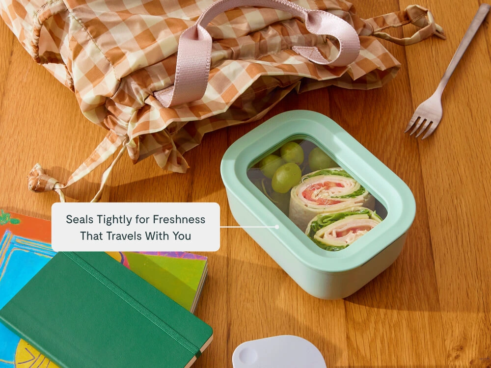 Caraway Mini Rectangle Container — 2.6 Cup Capacity, Ceramic-Coated Glass, Air Release Technology