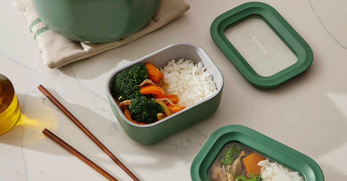 Caraway Mini Rectangle Container — 2.6 Cup Capacity, Ceramic-Coated Glass, Air Release Technology