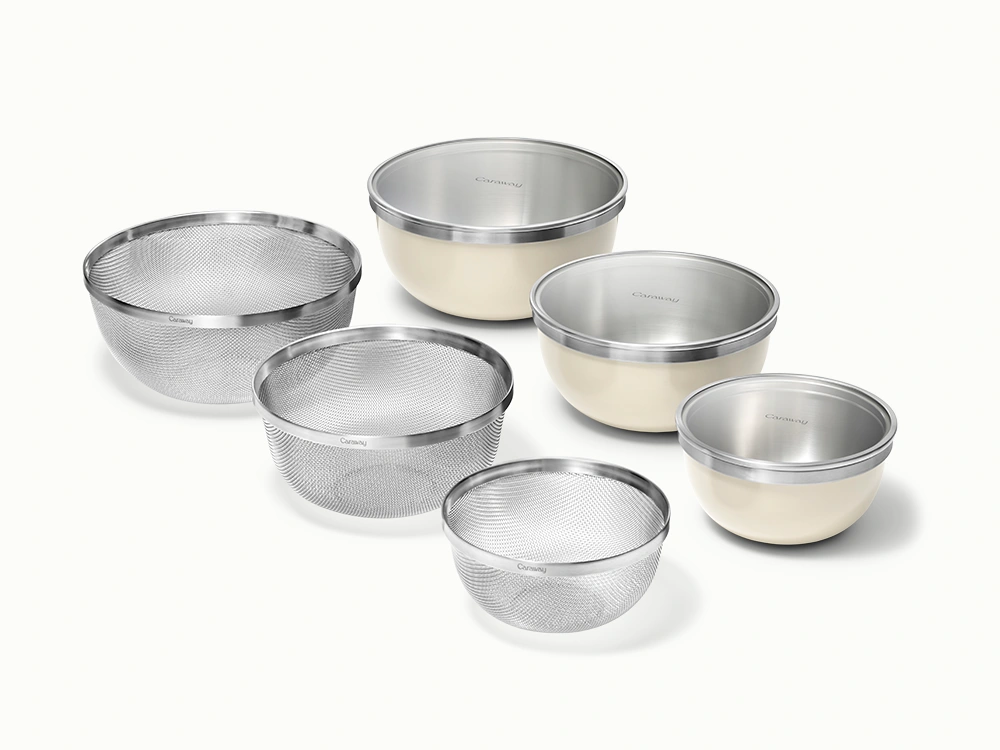 Caraway 9-Piece Stainless Steel Mixing Bowl & Strainer Set with Glass Lids