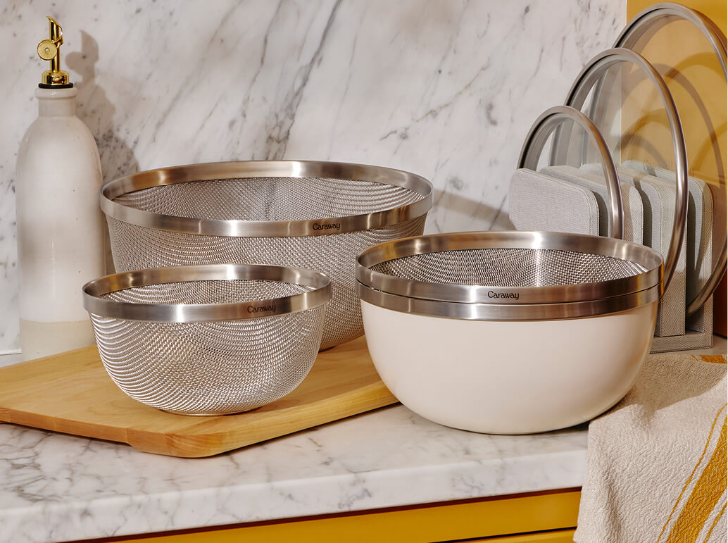Caraway 9-Piece Stainless Steel Mixing Bowl & Strainer Set with Glass Lids