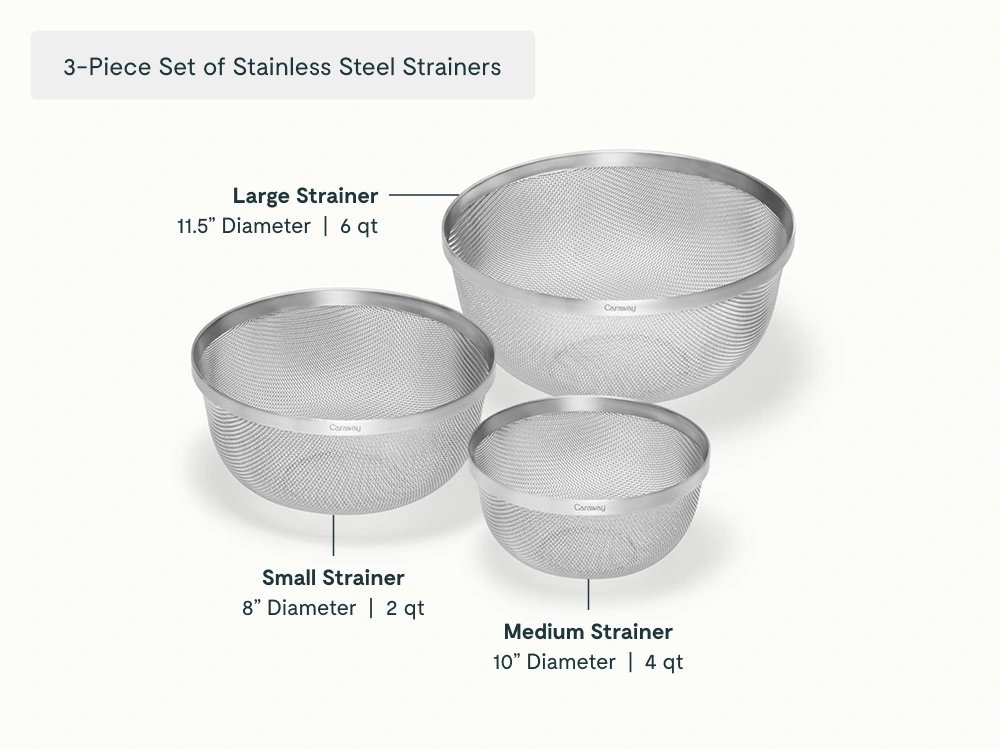 Caraway Stainless Steel Strainer Set (3-Piece) — Stackable, Fast Drainage